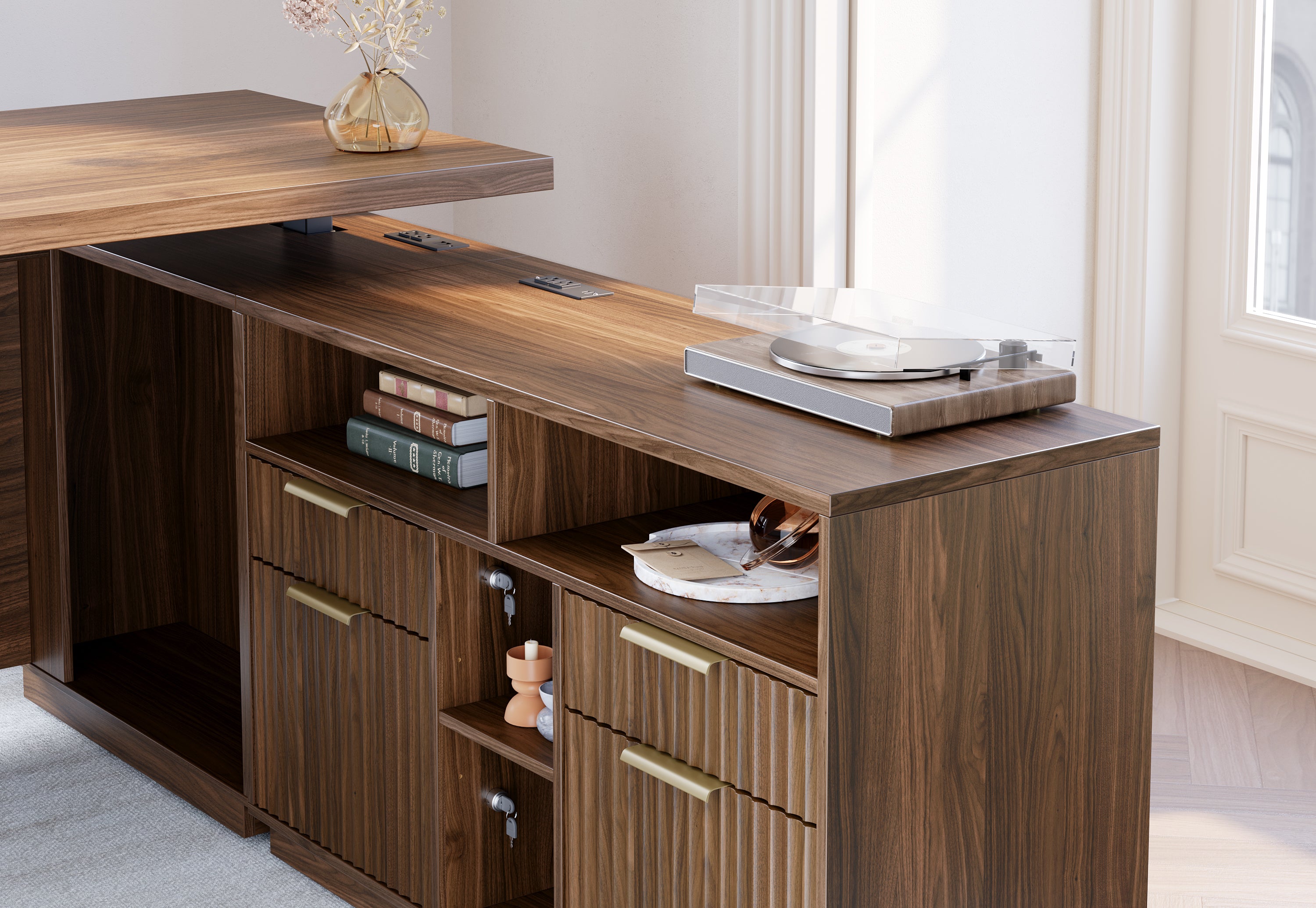 70" Desk + 6 Tier Corner Bookshelf / Fluted - Dark Walnut
