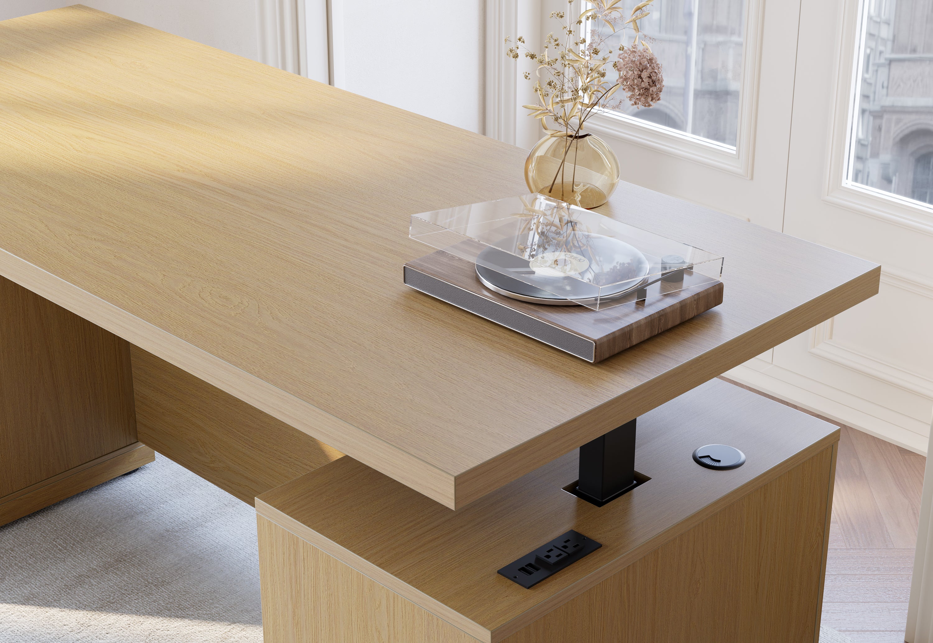70" Desk + 60" Wide Bookshelf / Fluted - Natural Oak