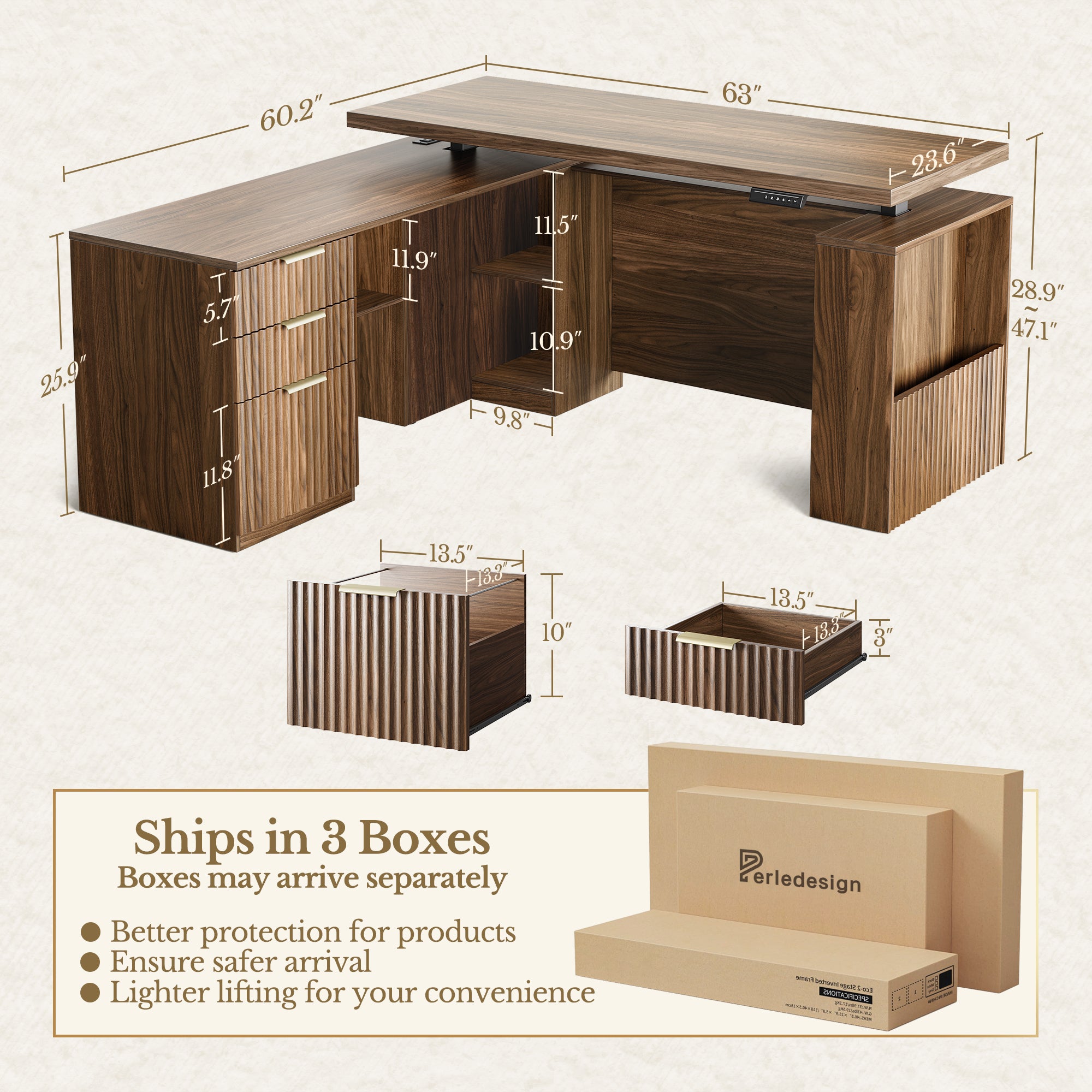 63" Desk + 6 Tier Corner Bookshelf / Fluted - Dark Walnut