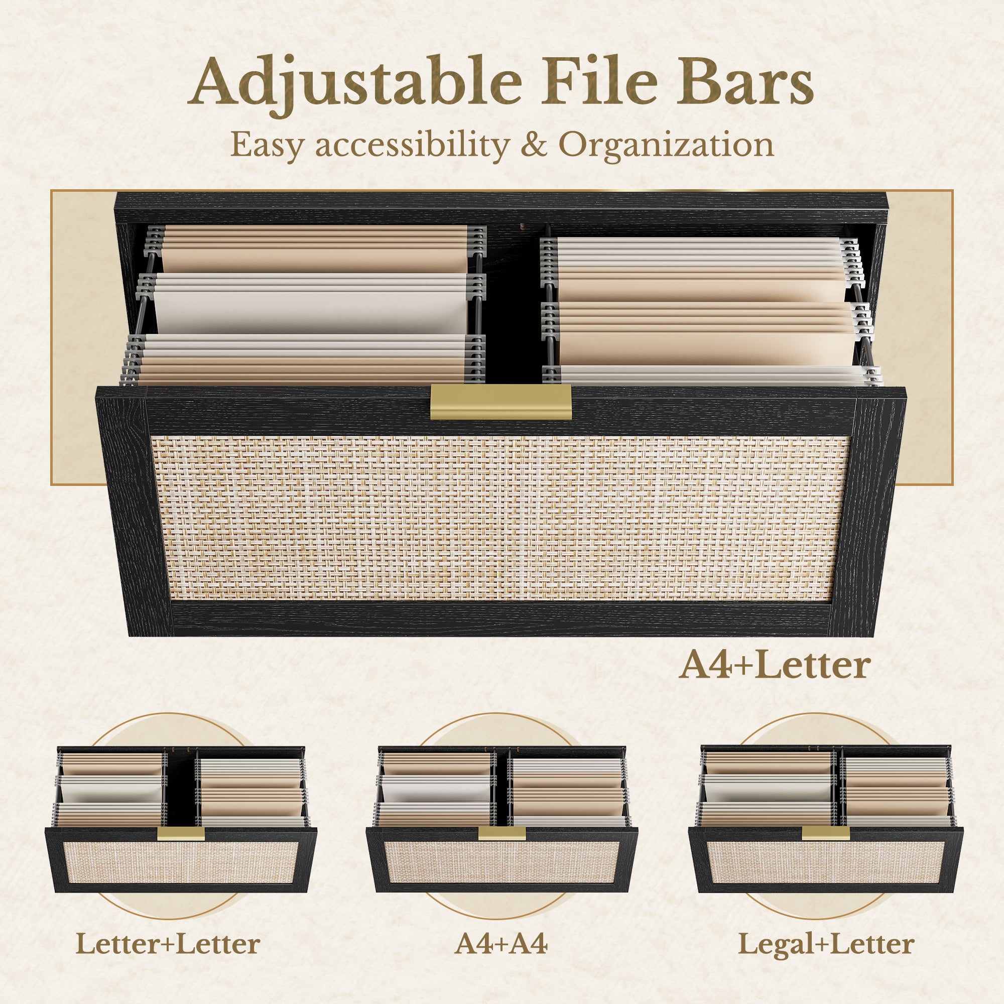 63" Desk + 2 Drawer Wood File Cabinet / Rattan - Black