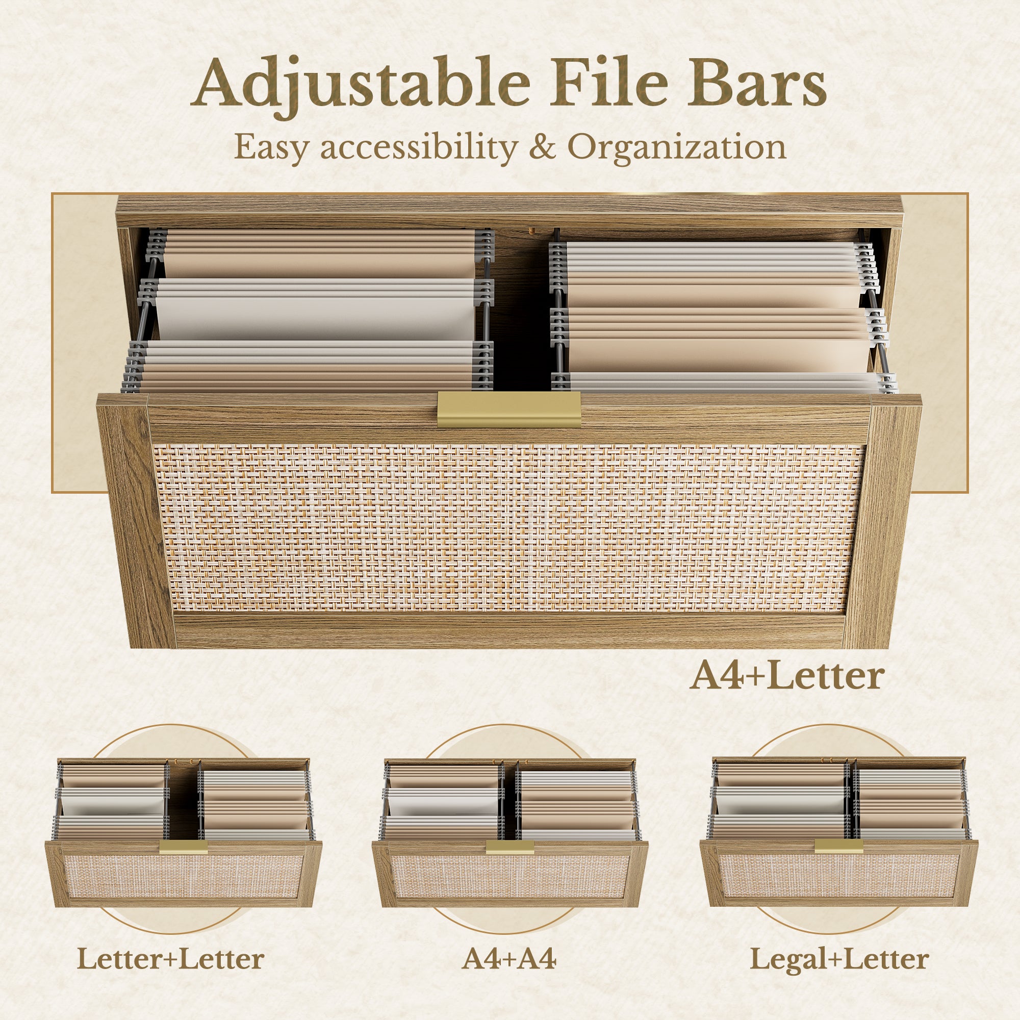 63" Desk + 2 Drawer Wood File Cabinet / Rattan - Light Walnut