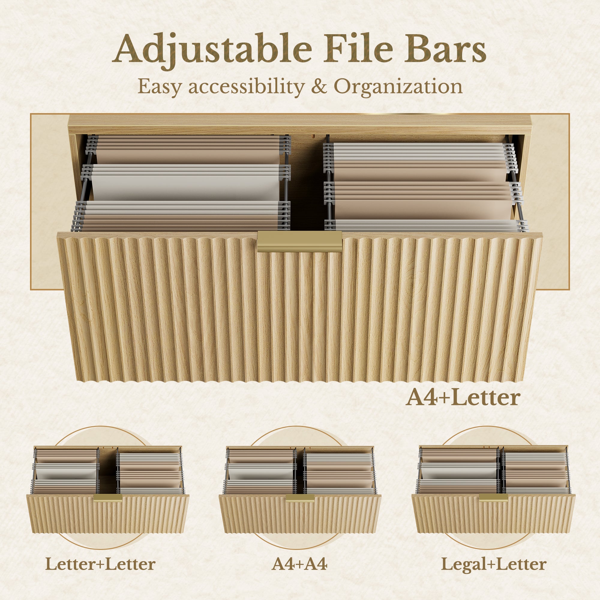 63" Desk + 2 Drawer Wood File Cabinet / Fluted - Natural Oak