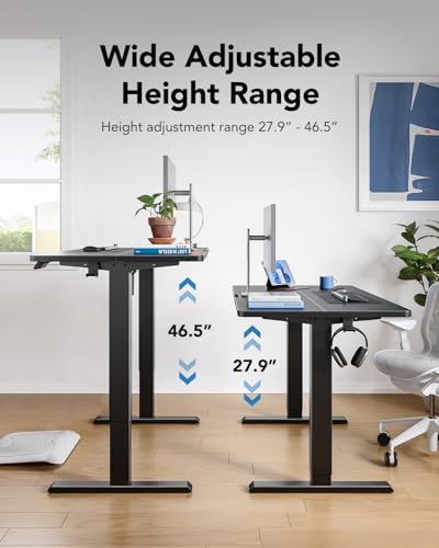 HUANUO electric standing desk showing adjustable height range 27.9" to 46.5".