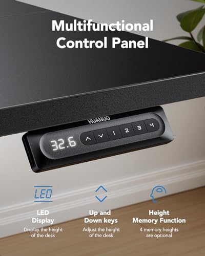 HUANUO electric standing desk control panel with LED display and height adjustment buttons.