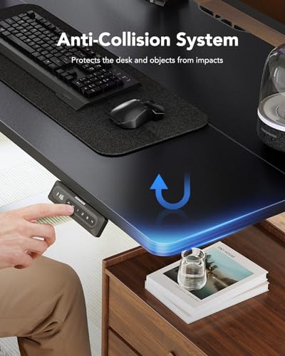 Hand adjusting HUANUO electric desk's anti-collision system with modern accessories.