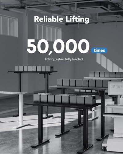 HUANUO electric standing desk tested for 50,000 lifts in modern office space.