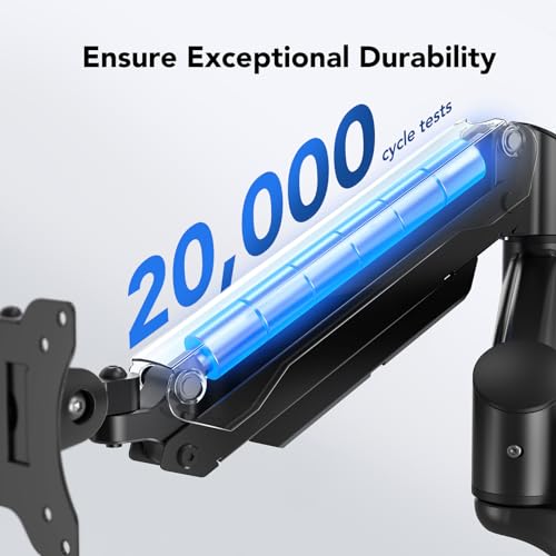 HUANUO monitor arm highlighting 20,000 cycle tests for exceptional durability.