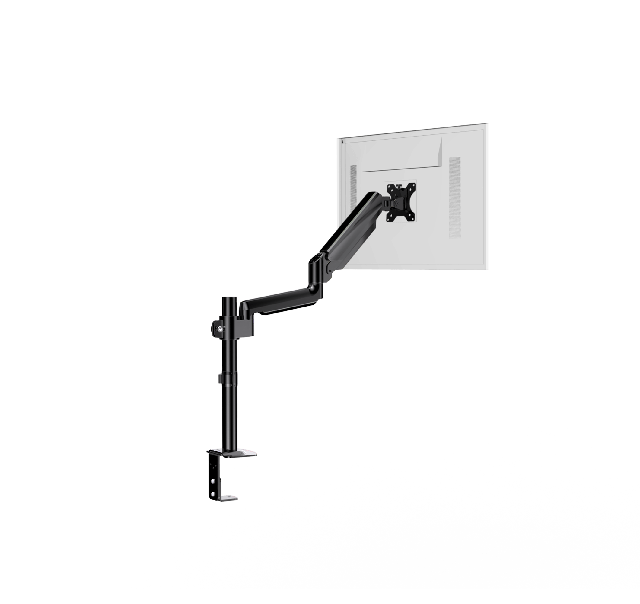 HUANUO single monitor mount with C-clamp installation showing full motion adjustment.