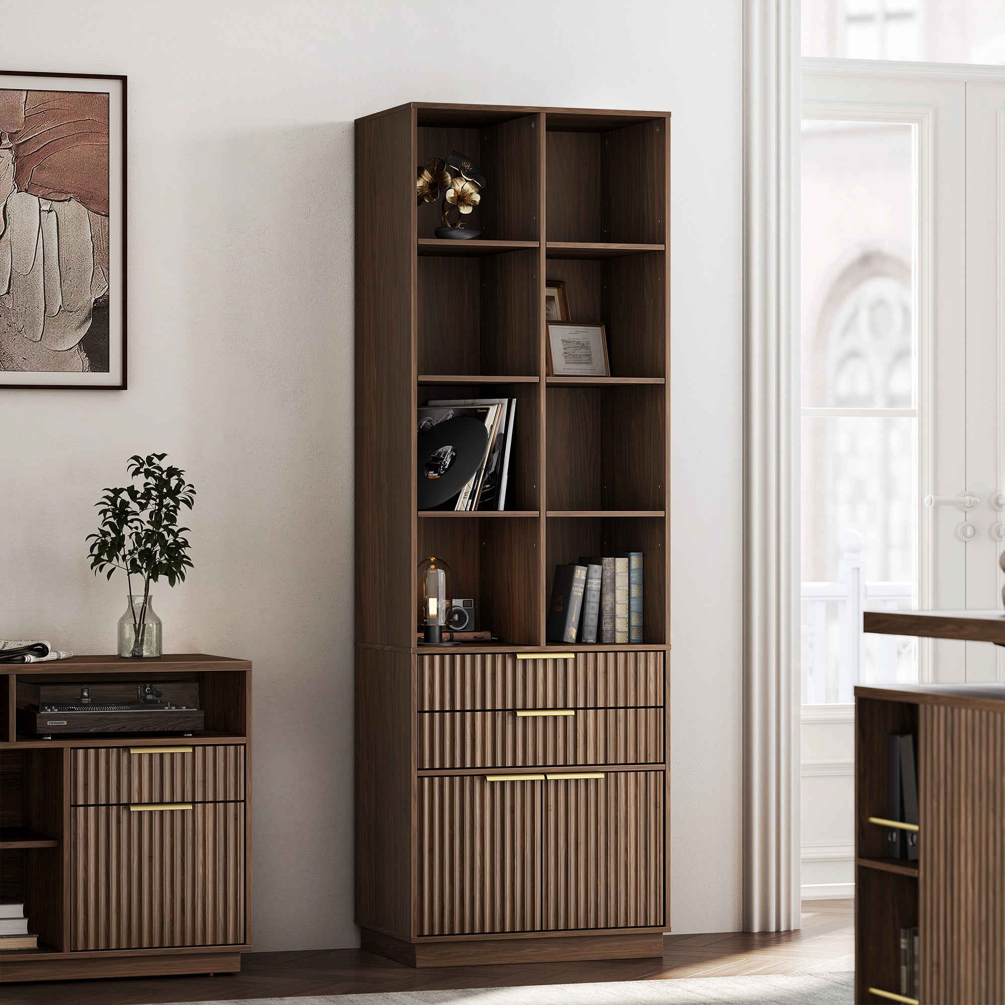 73" Tall Fluted Bookshelf with Drawers & Doors