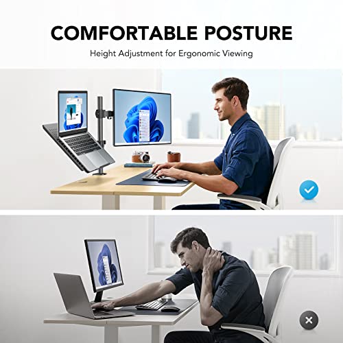 Ergonomic workspace with HUANUO monitor mount and laptop; man with dual screens.