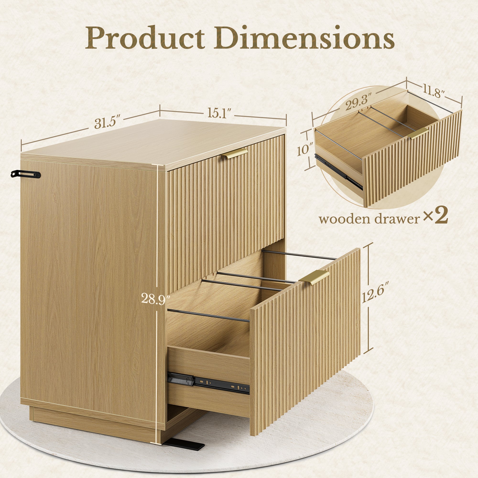 63" Desk + 2 Drawer Wood File Cabinet / Fluted - Natural Oak