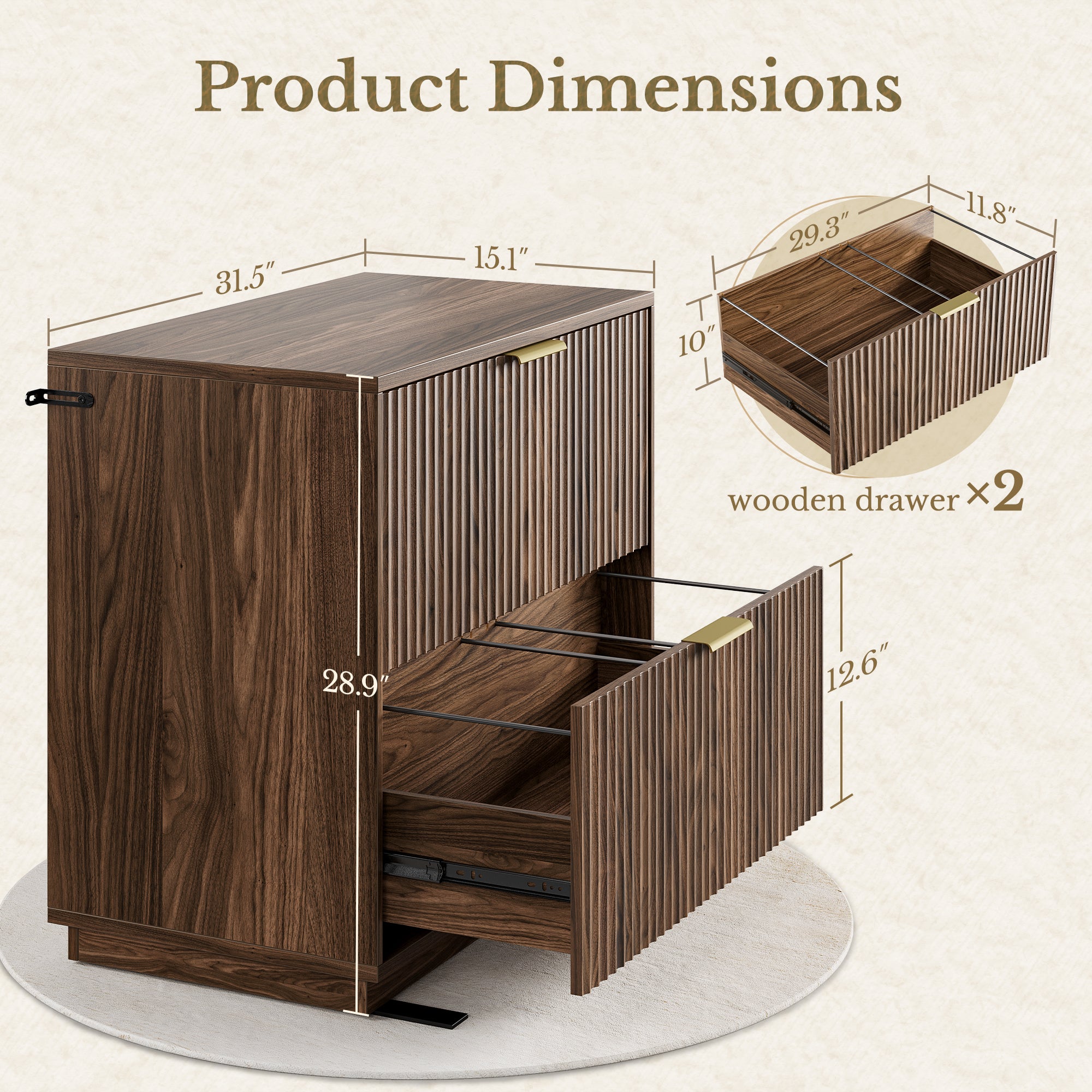 63" Desk + 2 Drawer Wood File Cabinet / Fluted - Dark Walnut