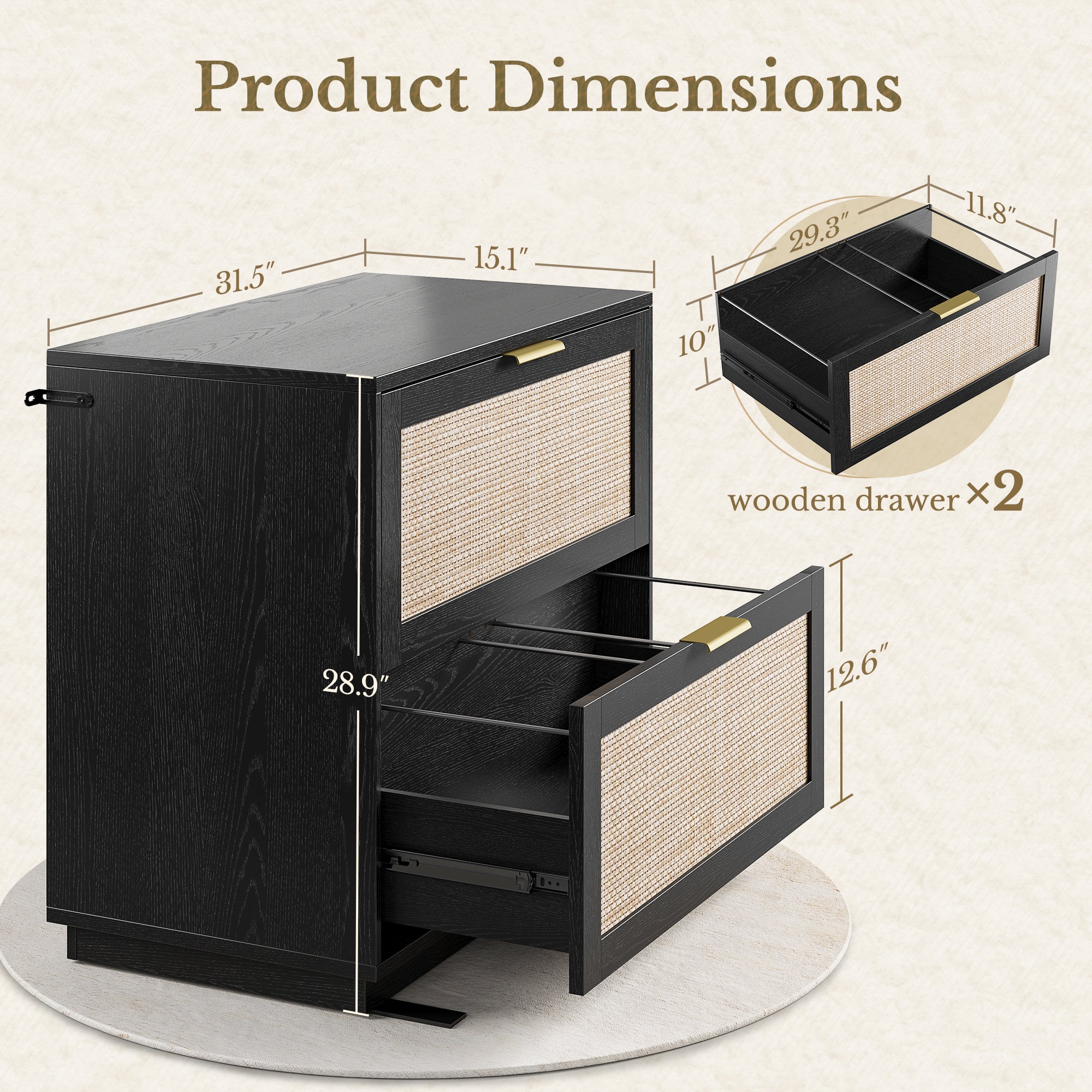 63" Desk + 2 Drawer Wood File Cabinet / Rattan - Black