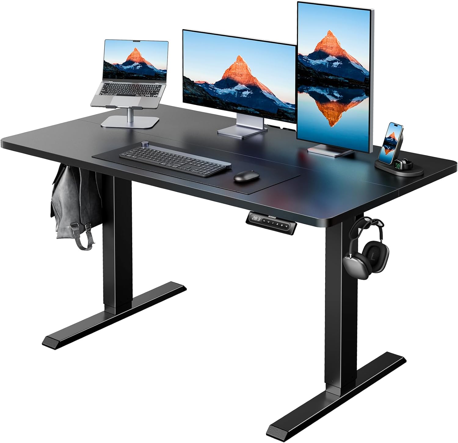 HUANUO electric standing desk displaying dual monitors and modern accessories.