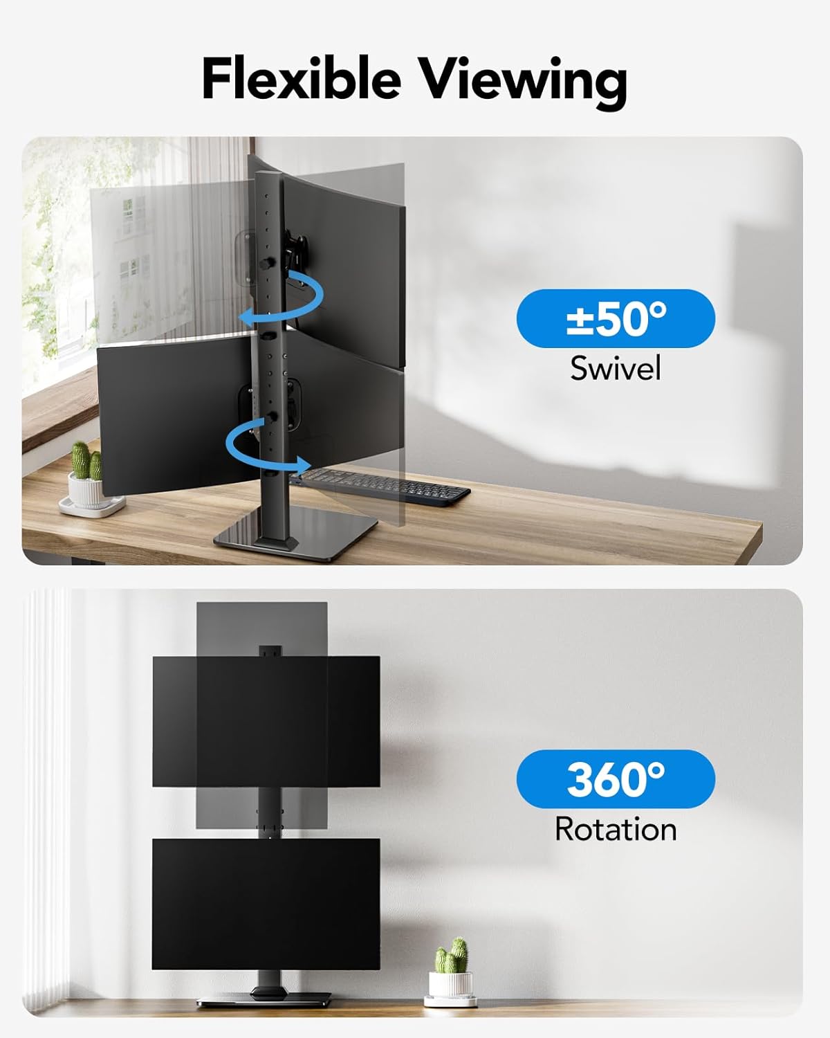 HUANUO Dual Monitor Stand for 13 to 34 Inch, Max Load 44 lbs, Vertical Monitor Mount, Freestanding Monitor Riser with Swivel, Tilt, Rotation, 13 Height Settings, Max VESA 100x100