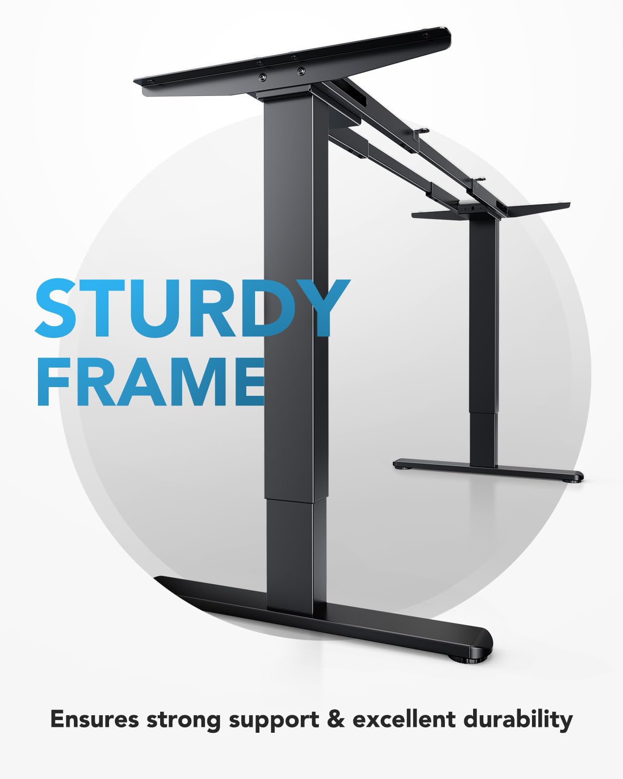 HUANUO dual motor standing desk frame emphasizing sturdy support and exceptional durability.
