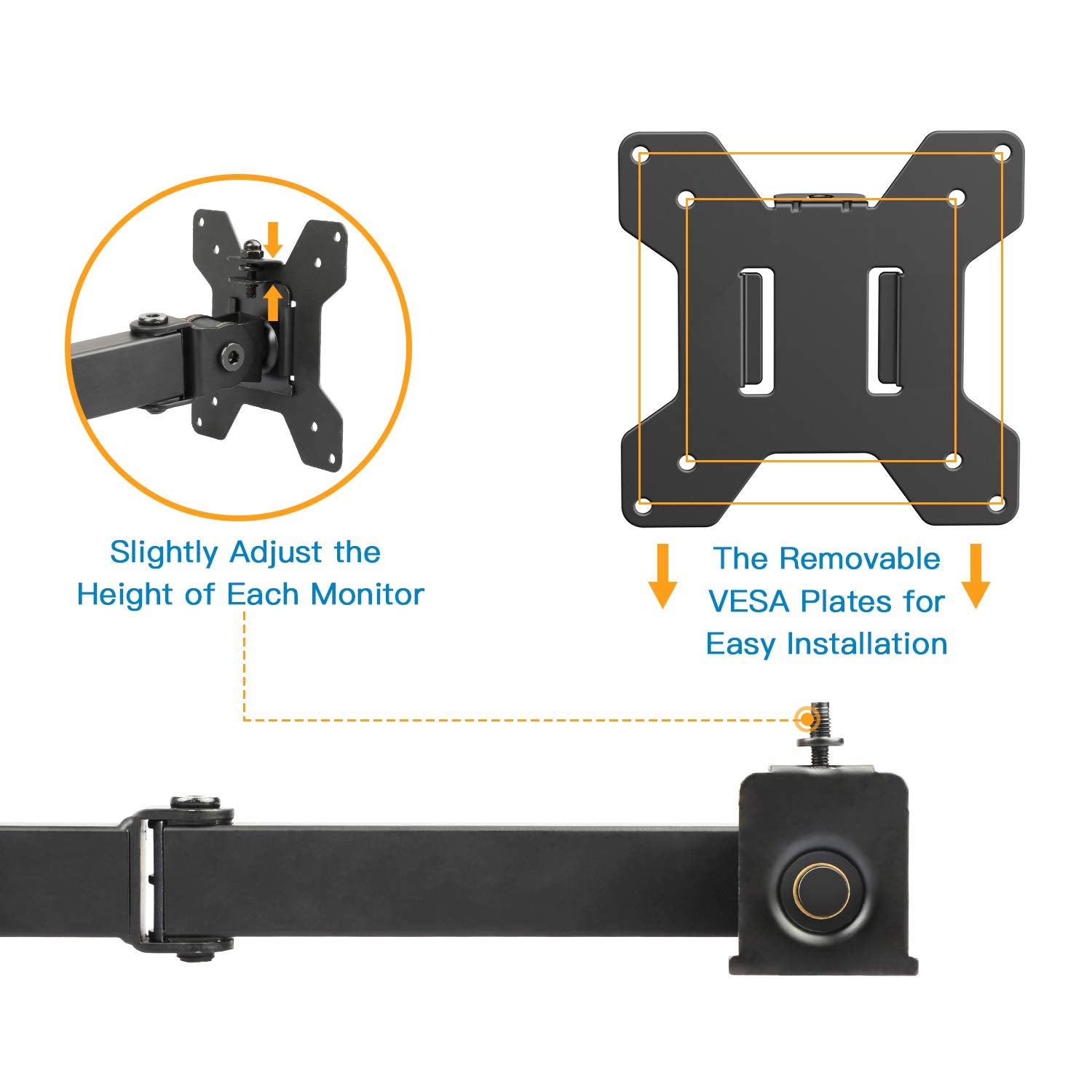 Adjustable VESA mount for quad monitor stand with easy installation features.