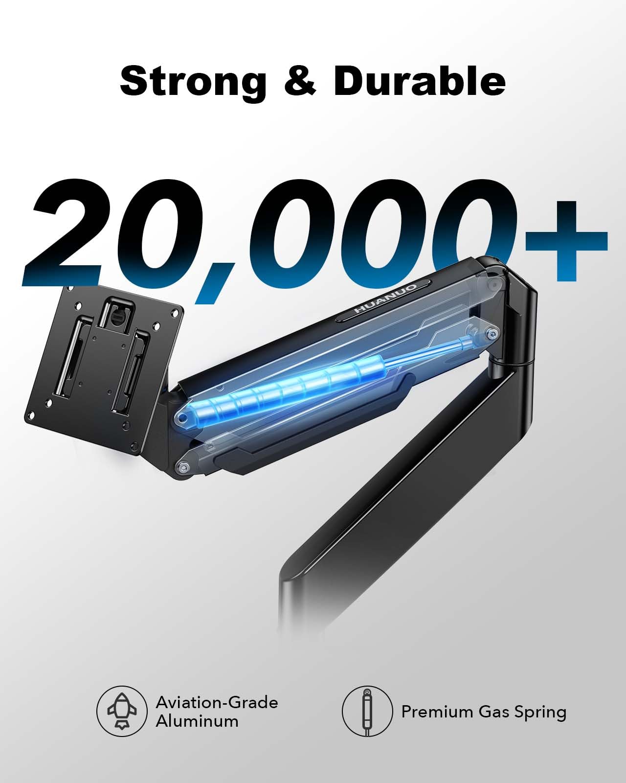 HUANUO Ultrawide Monitor Mount showcasing durability with 20,000+ lift cycle feature