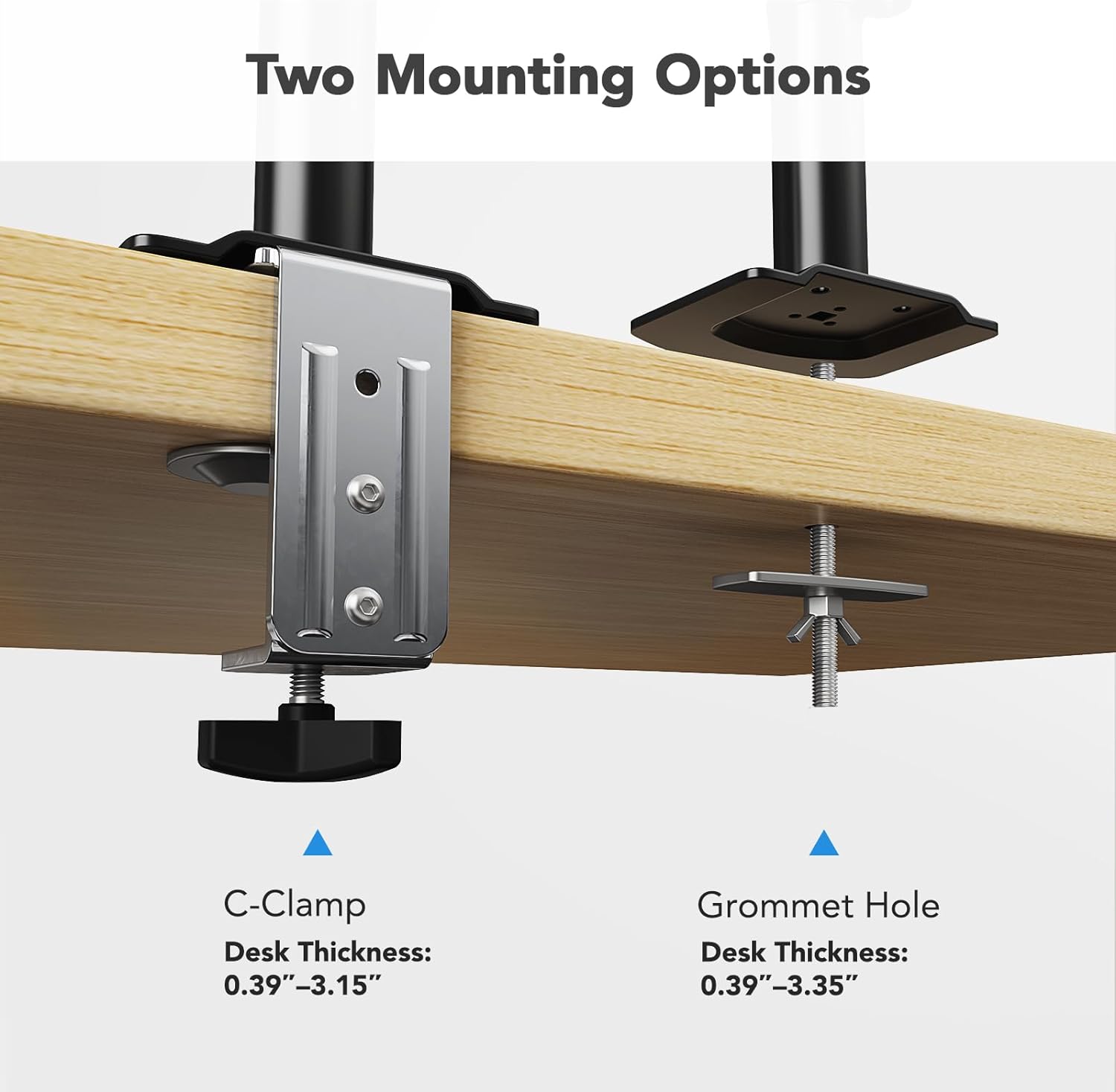 C-clamp and grommet mount options for HUANUO monitor arm installation.