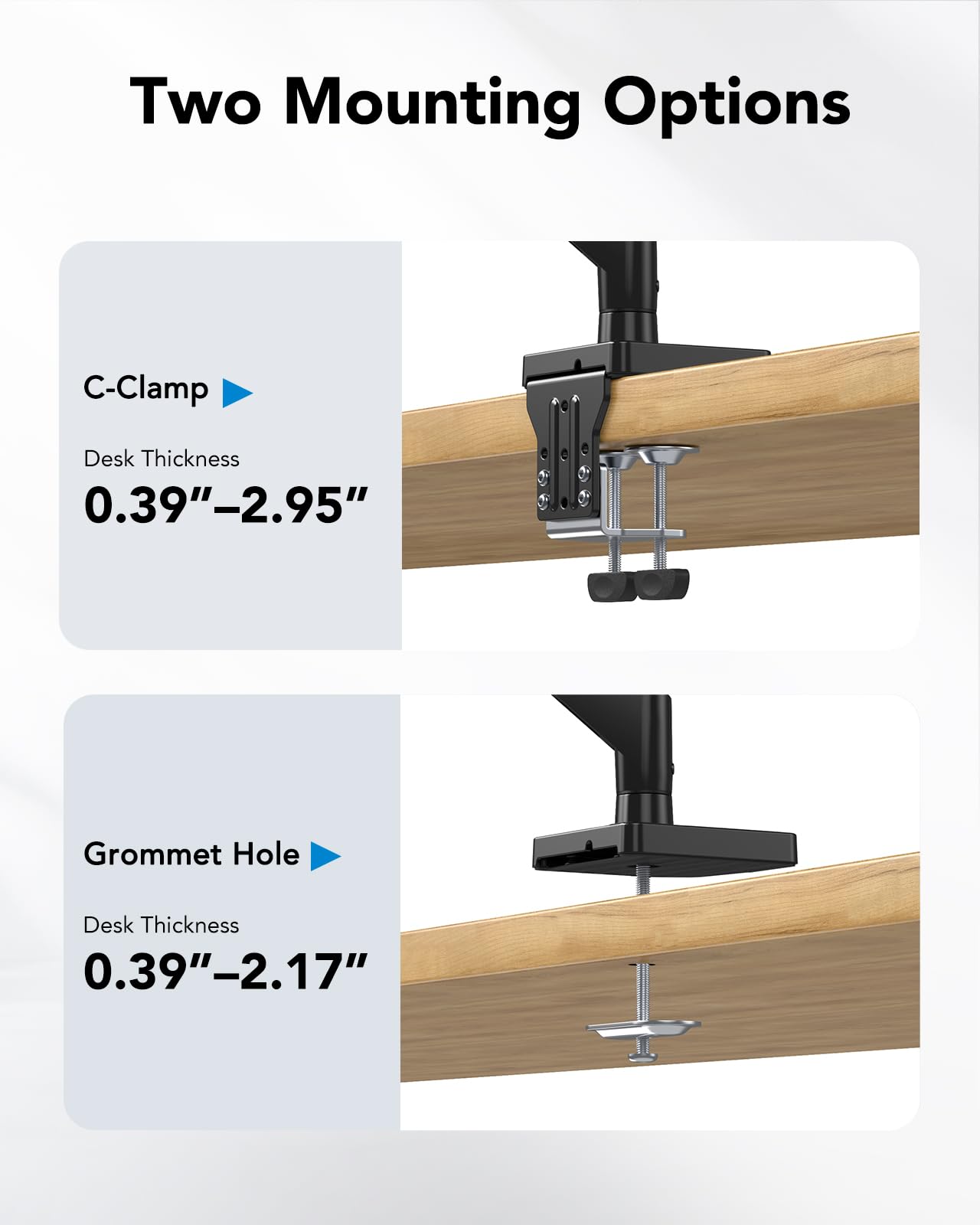 C-Clamp and Grommet Hole mounting options for HUANUO Ultrawide Monitor Mount.