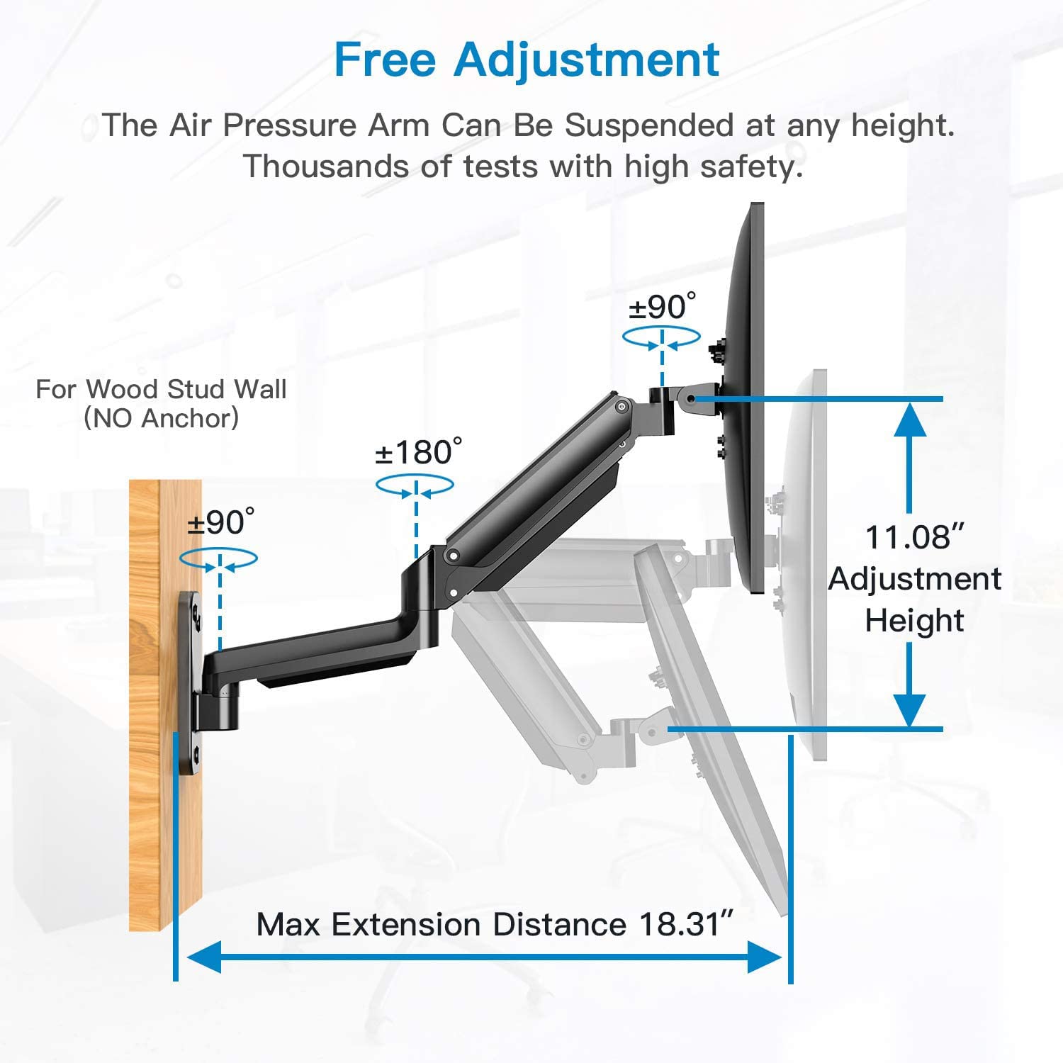 HUANUO wall mount monitor arm showing height adjustment and maximum extension features.