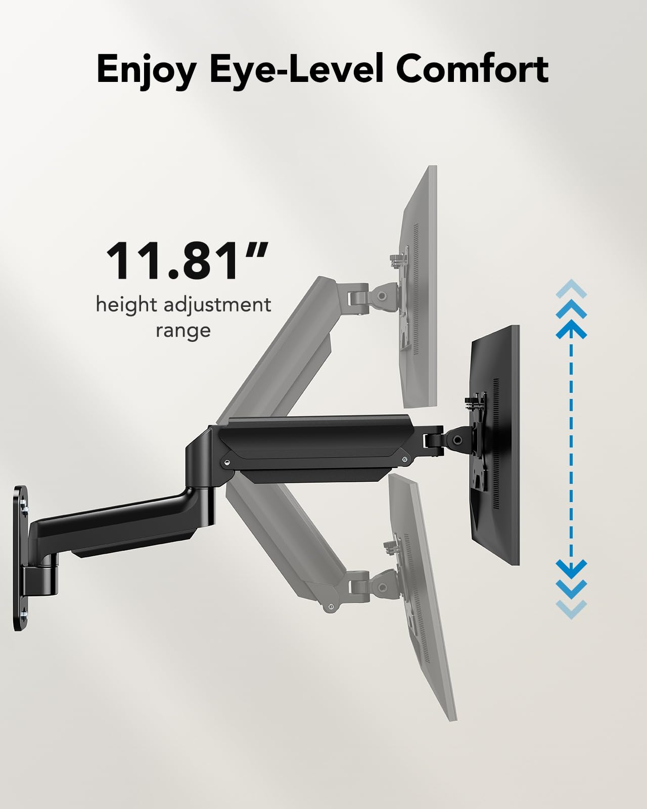 HUANUO monitor wall mount showing 11.81" height adjustment for eye-level comfort.