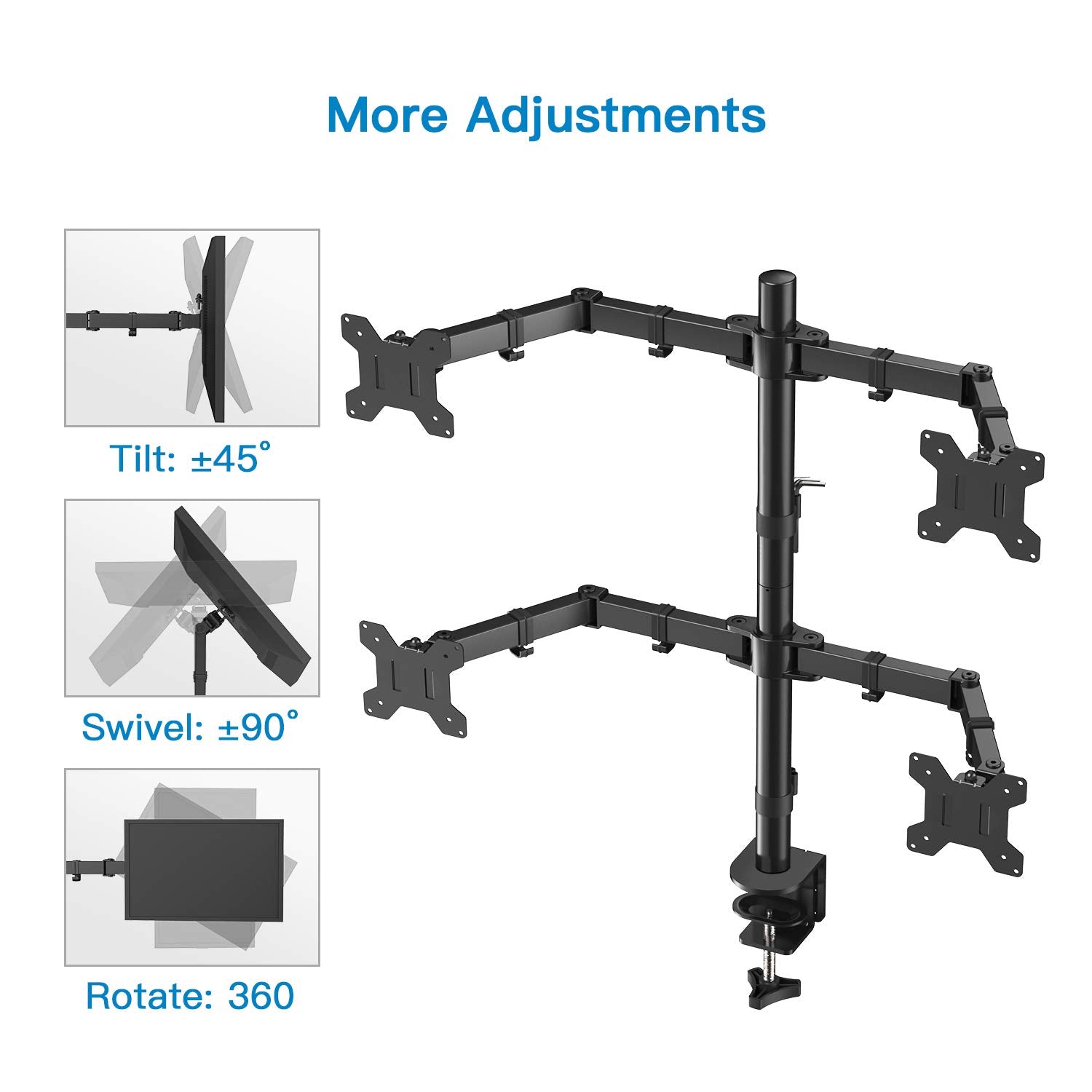Diagram showing tilt, swivel, and rotation features of quad monitor stand.