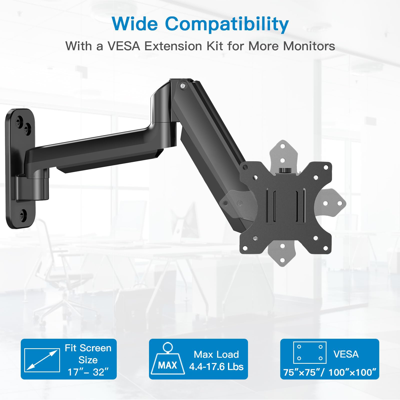 HUANUO monitor wall mount arm with VESA compatibility for 17-32 inch screens.