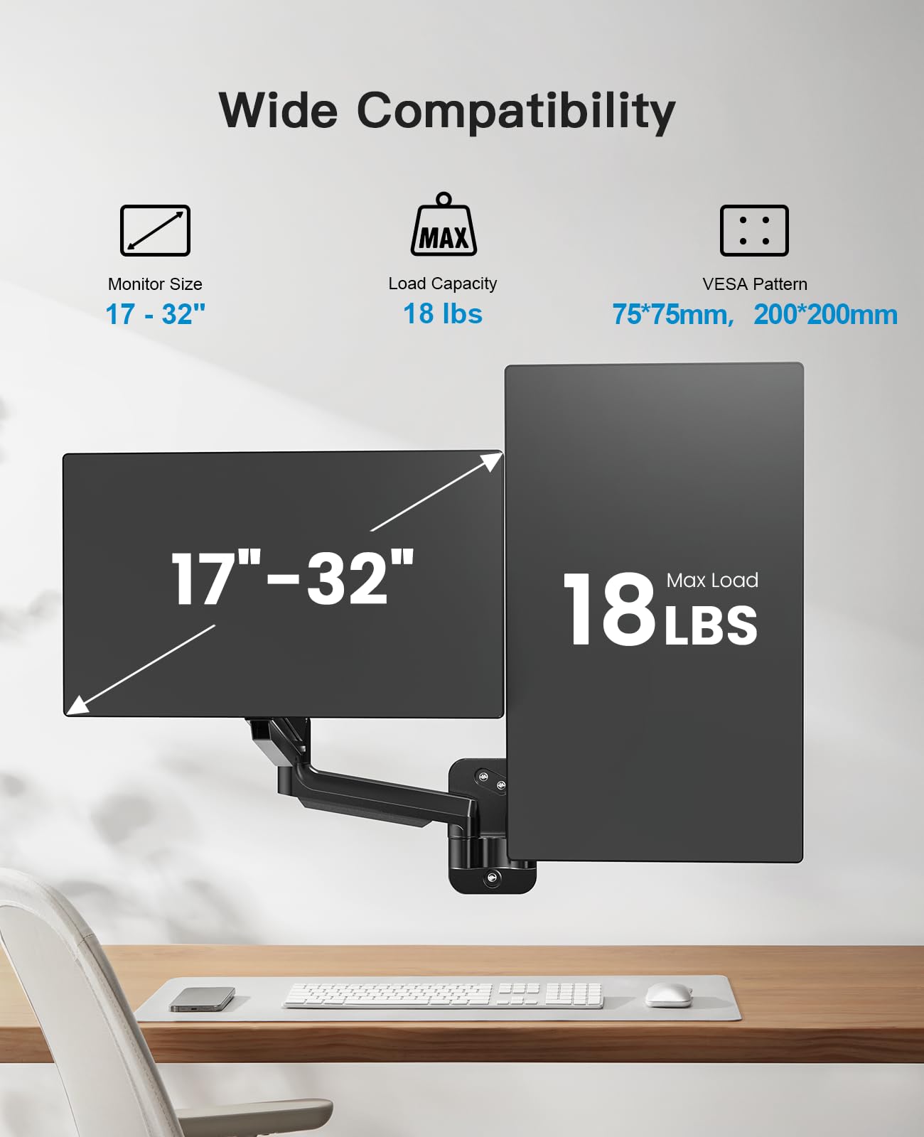 Wide compatibility dual monitor wall mount for 17 to 32 inch screens.