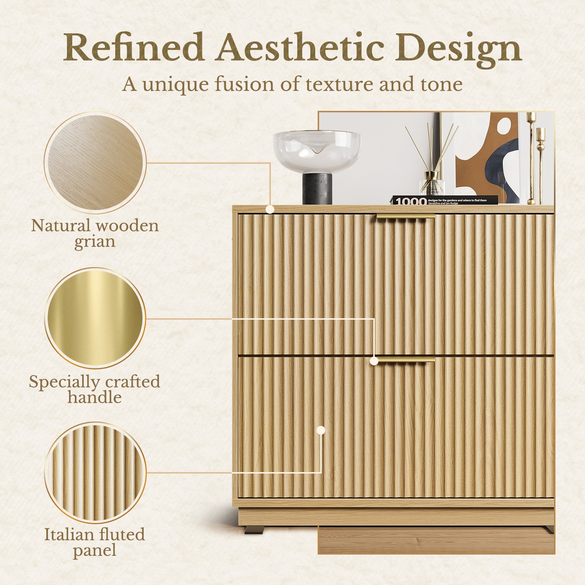 63" Desk + 2 Drawer Wood File Cabinet / Fluted - Natural Oak -