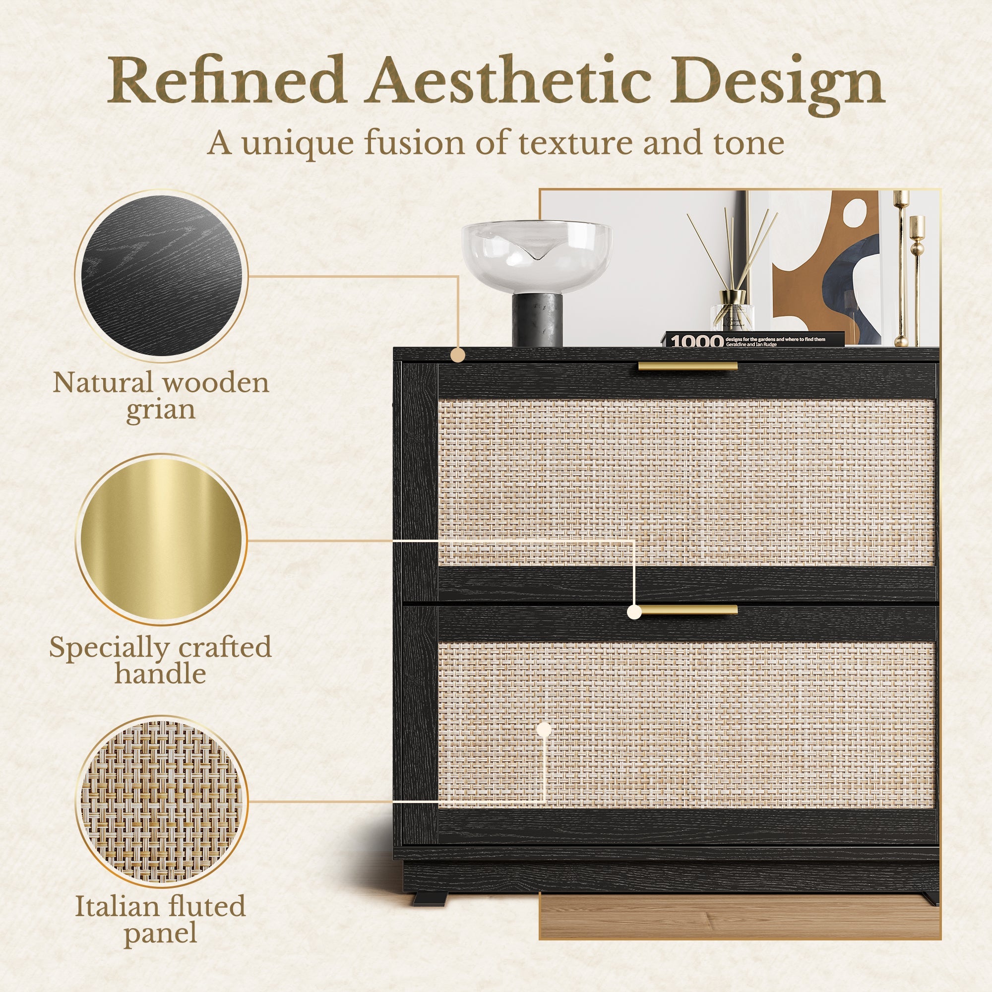 63" Desk + 2 Drawer Wood File Cabinet / Rattan - Black -