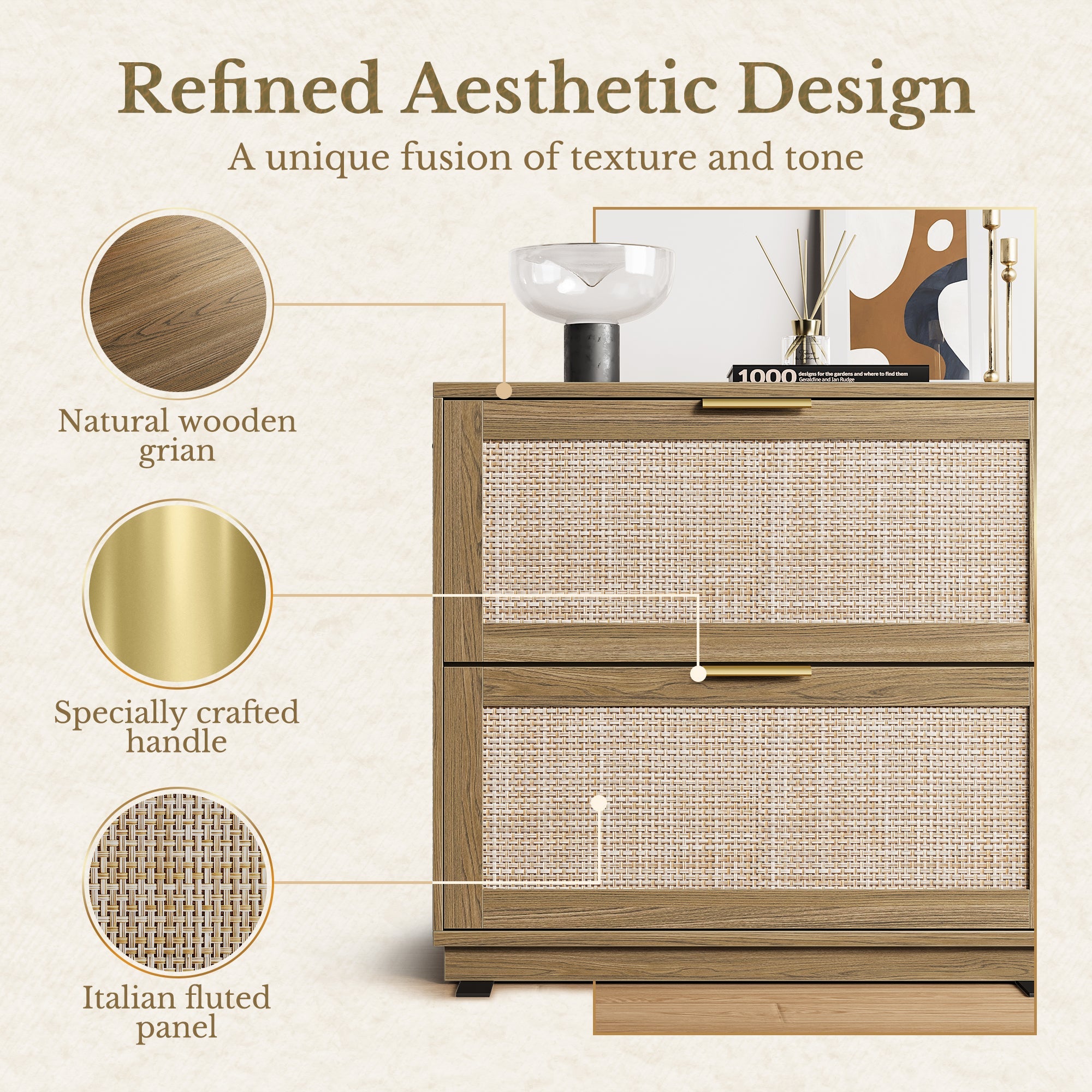 63" Desk + 2 Drawer Wood File Cabinet / Rattan - Light Walnut -