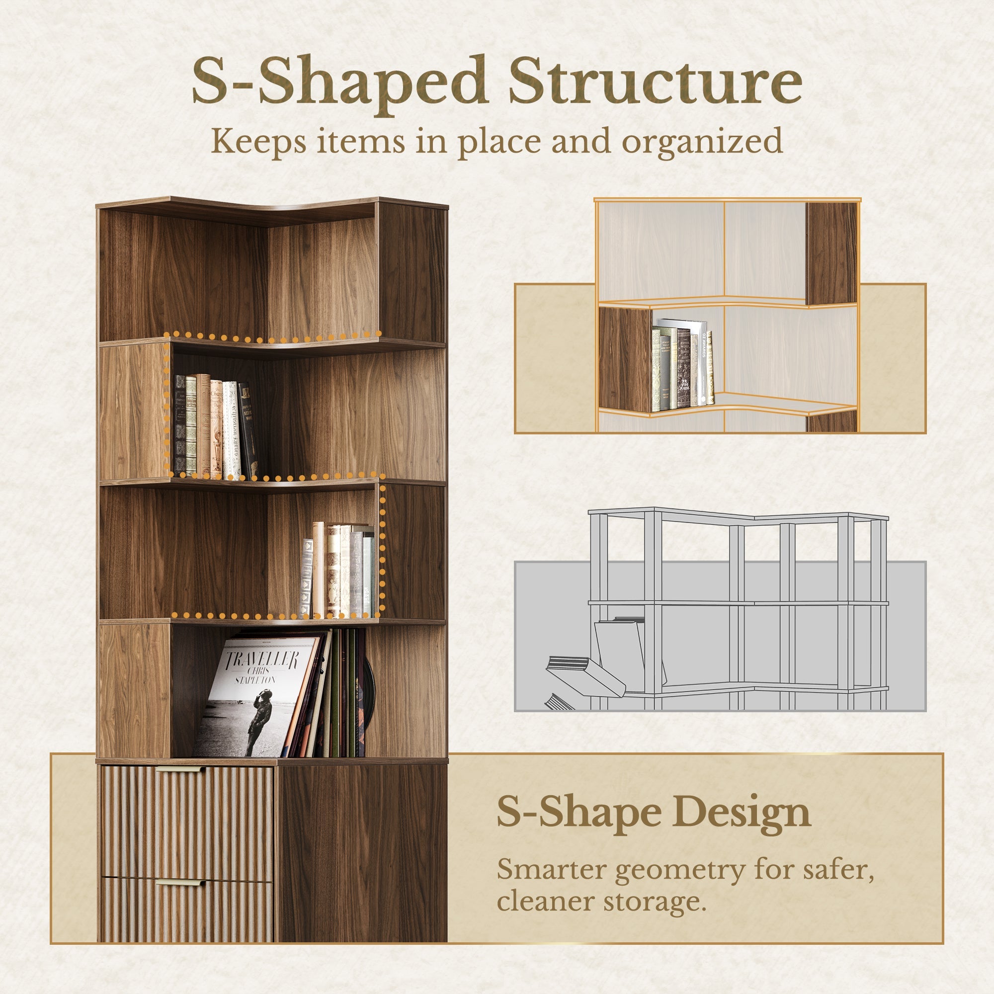 63" Desk + 2 Drawers + 73 Corner Bookshelf / Fluted - Dark Walnut -