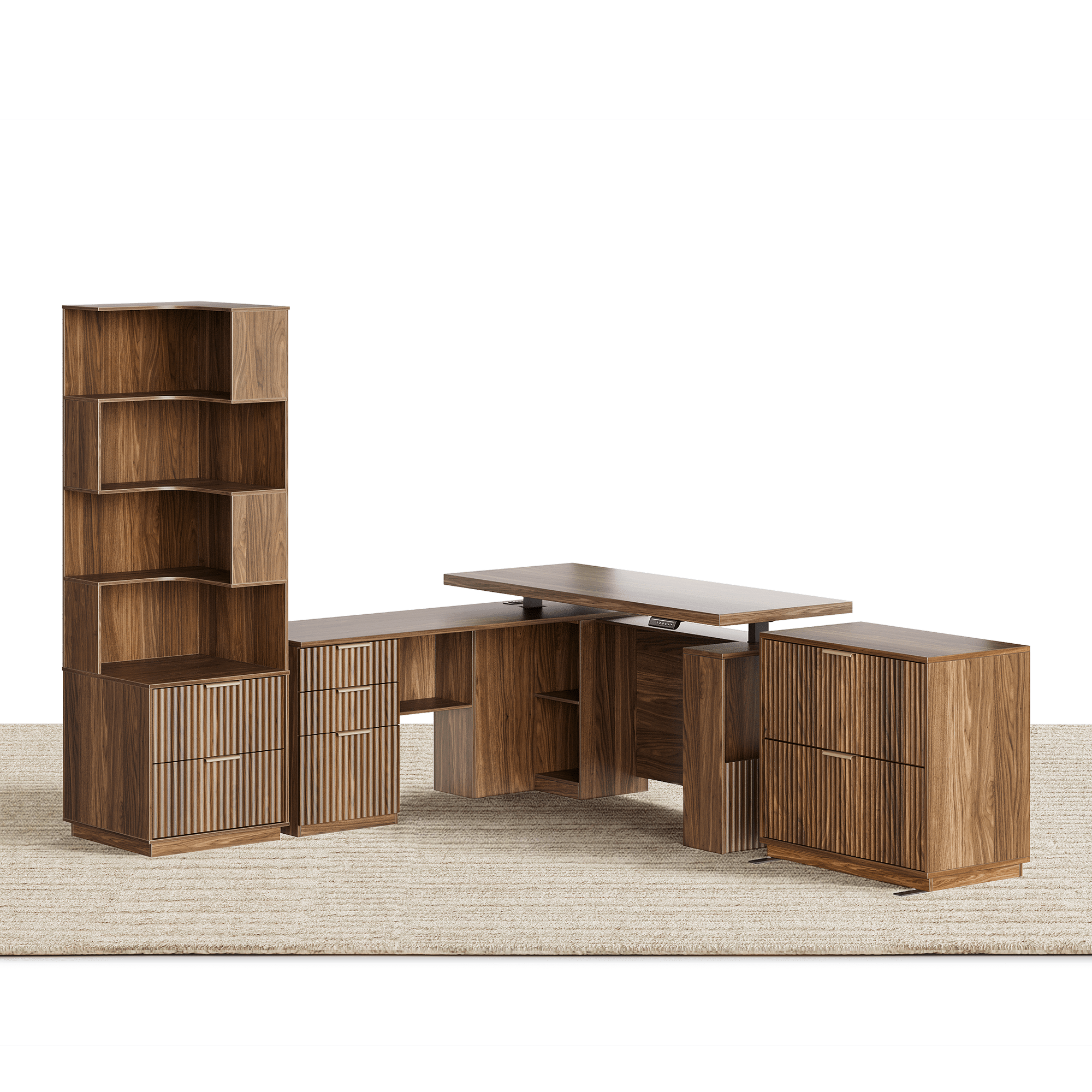 63" Desk + 2 Drawers + 73 Corner Bookshelf / Fluted - Dark Walnut -