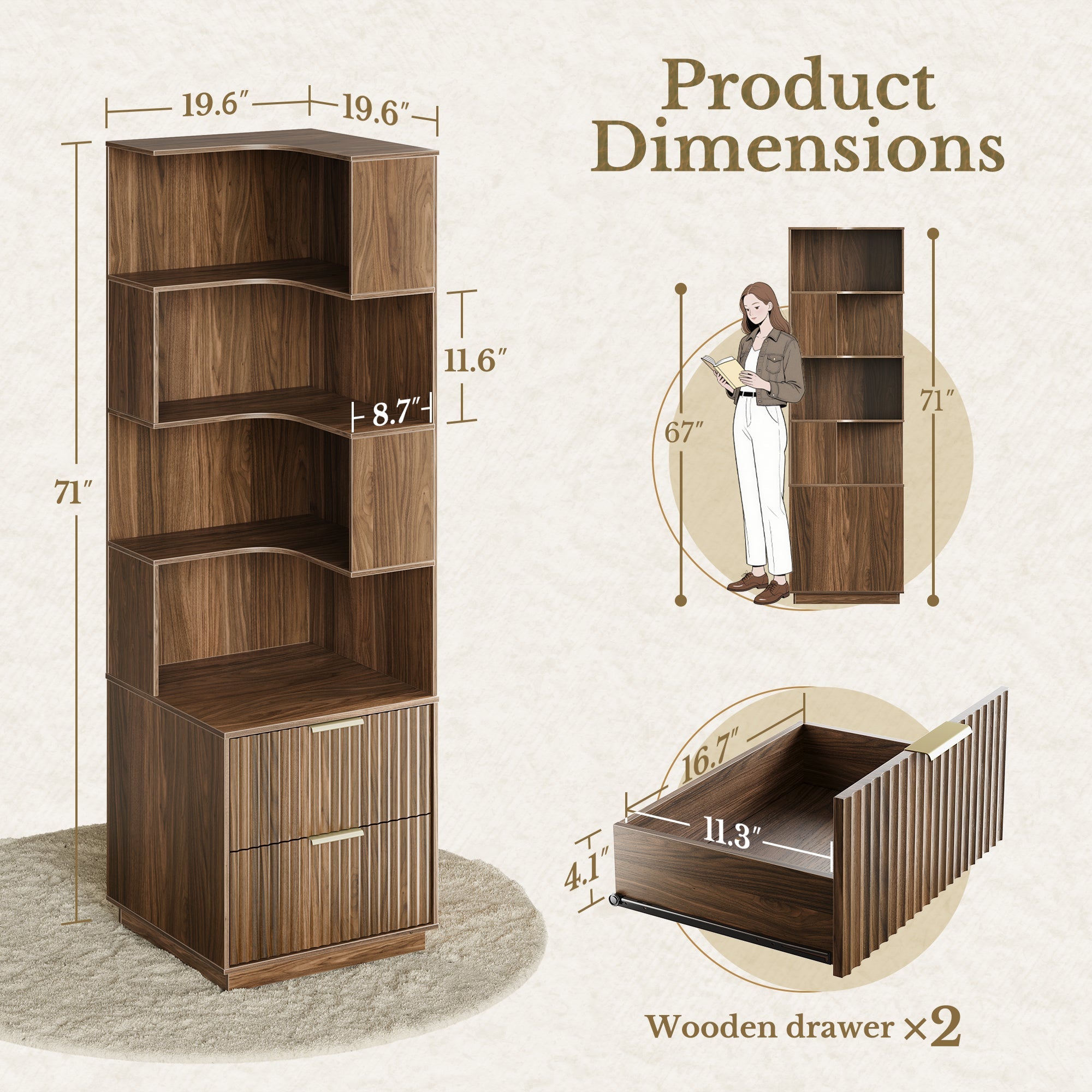 63" Desk + 2 Drawers + 73 Corner Bookshelf / Fluted - Dark Walnut -