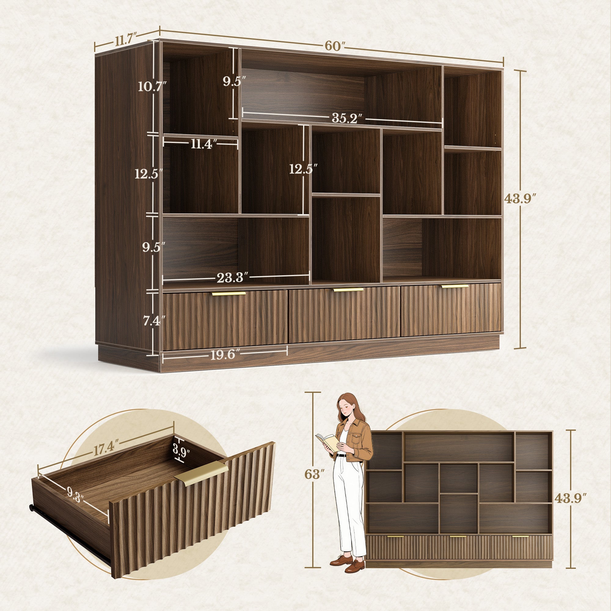 63" Desk + 60" Wide Bookshelf / Fluted - Dark Walnut -