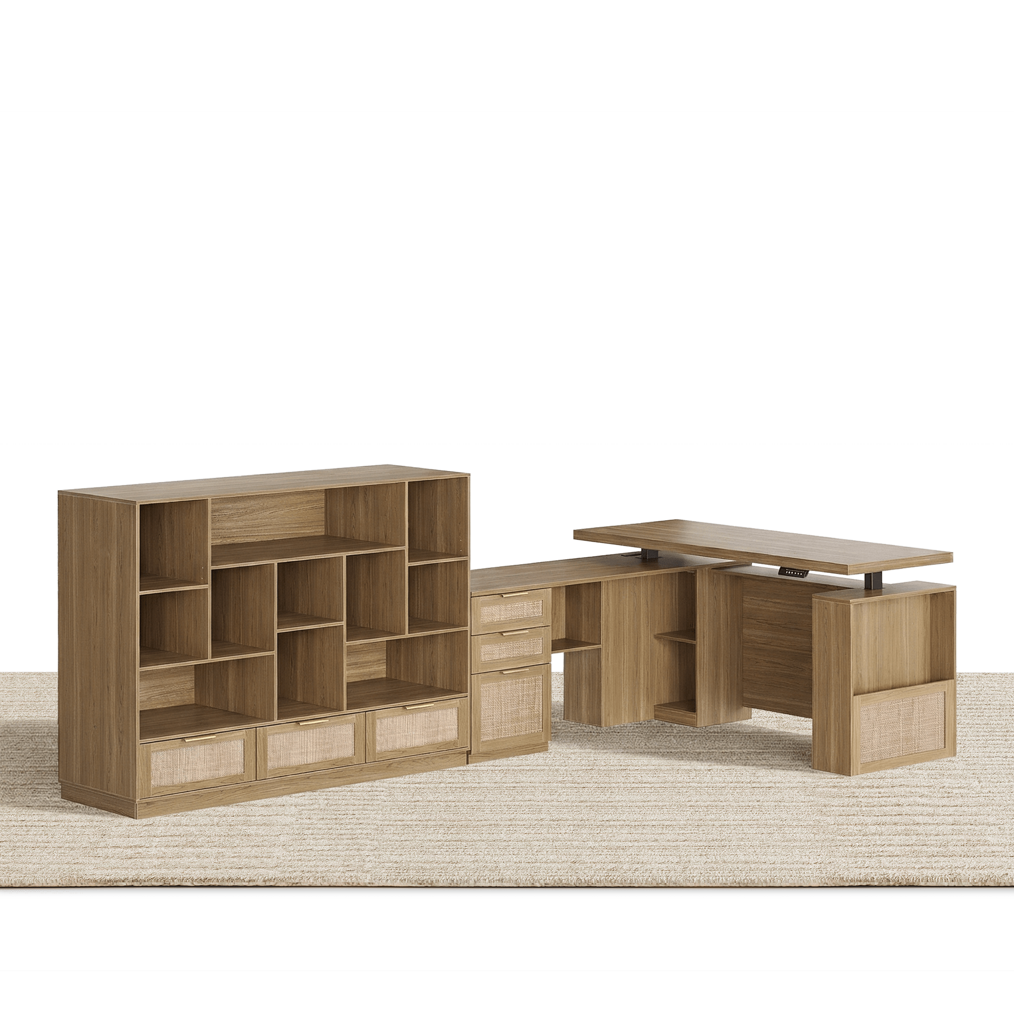 63" Desk + 60" Wide Bookshelf / Rattan - Light Walnut -