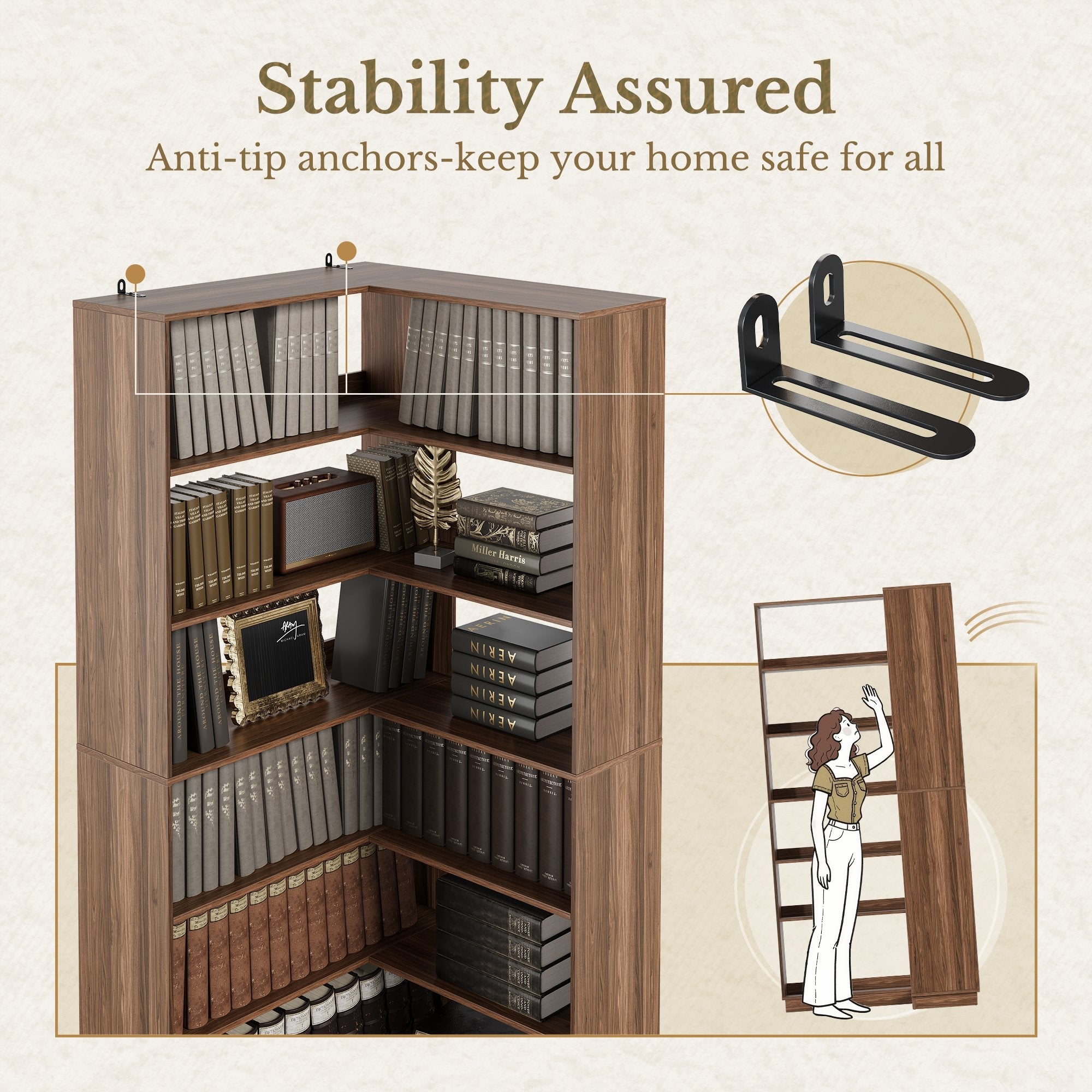 63'' Desk + 73’‘ Corner Bookshelf/ Fluted - Dark Walnut -