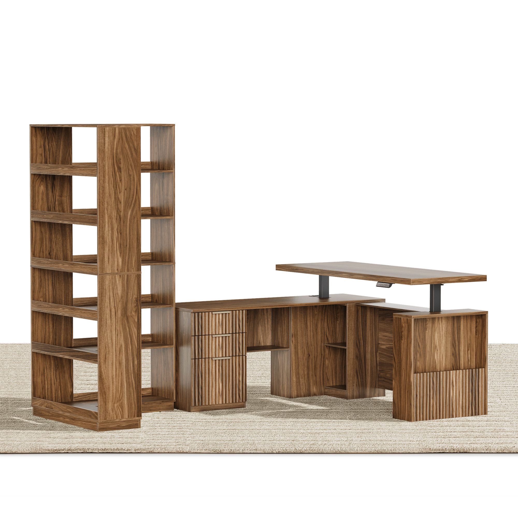 63'' Desk + 73’‘ Corner Bookshelf/ Fluted - Dark Walnut -