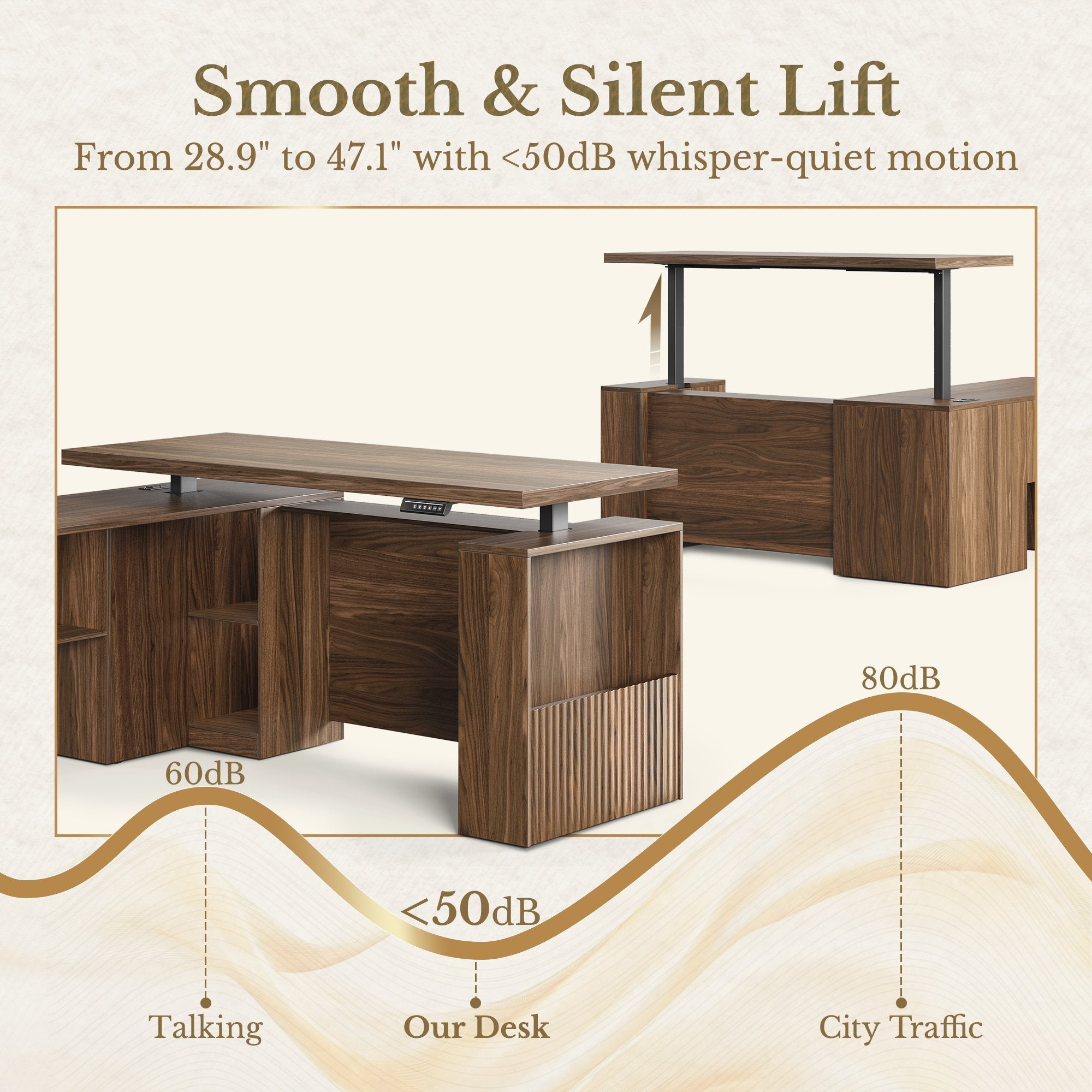 63'' Desk + 73’‘ Corner Bookshelf/ Fluted - Dark Walnut -