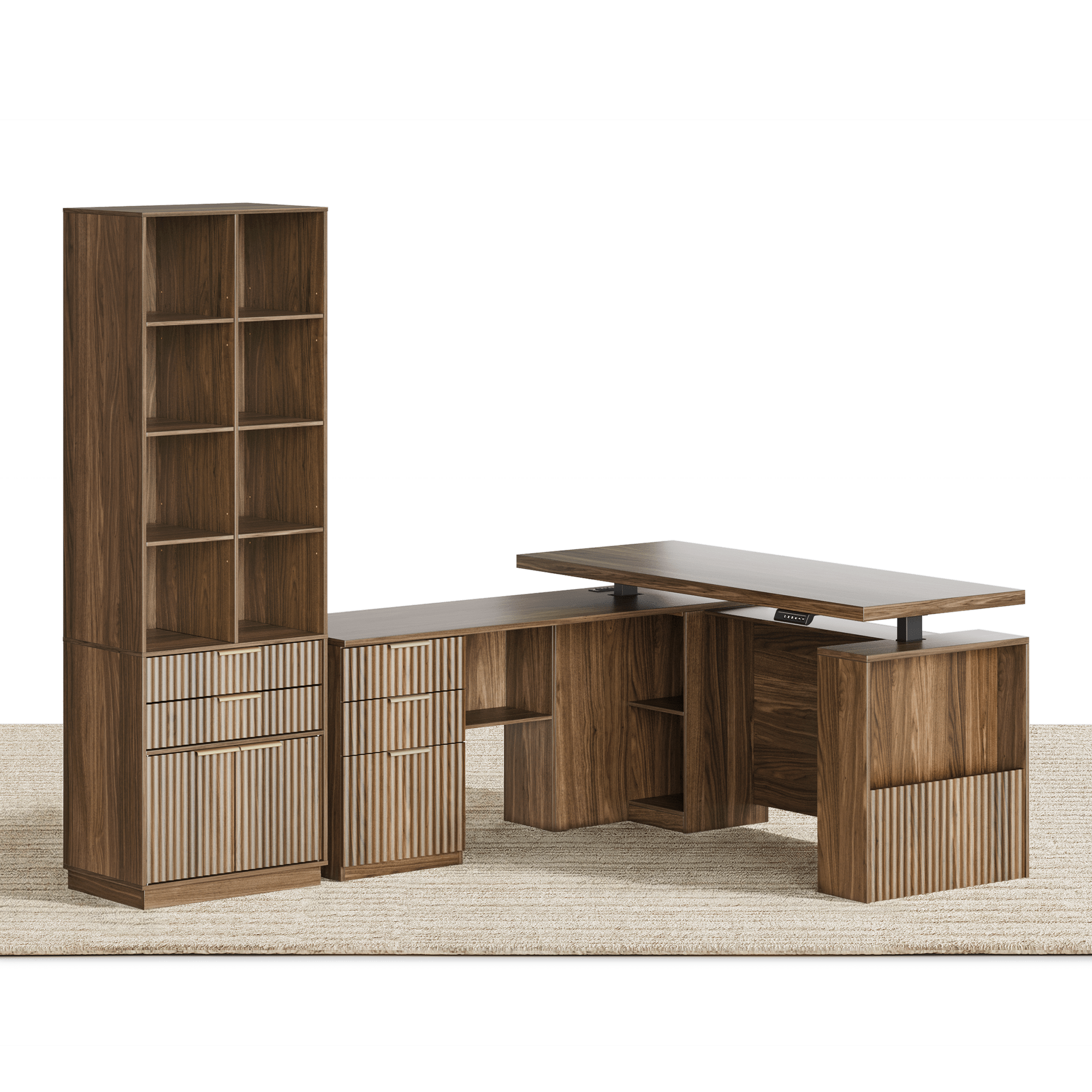 63" Desk + 73" Tall Fluted Bookshelf / Fluted - Dark Walnut -