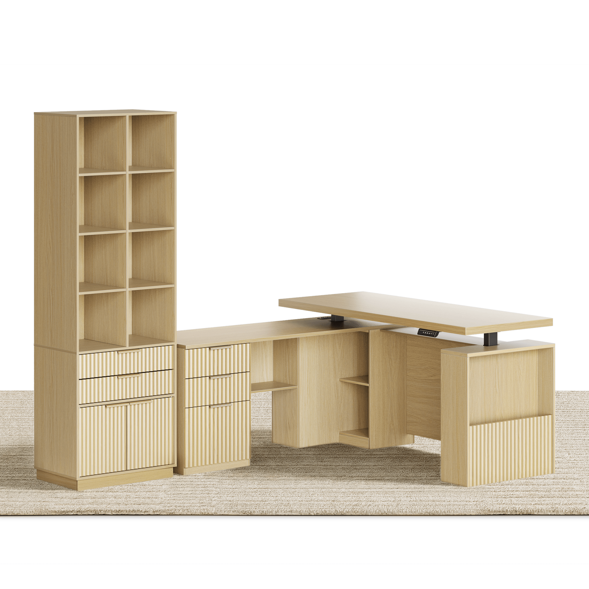 63" Desk + 73" Tall Fluted Bookshelf / Fluted - Natural Oak -