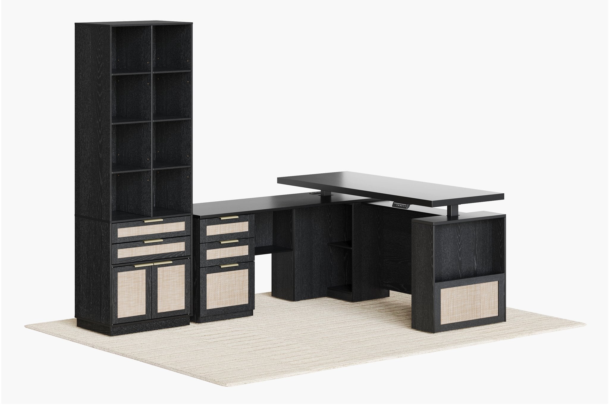 63" Desk + 73" Tall Fluted Bookshelf / Rattan - Black -