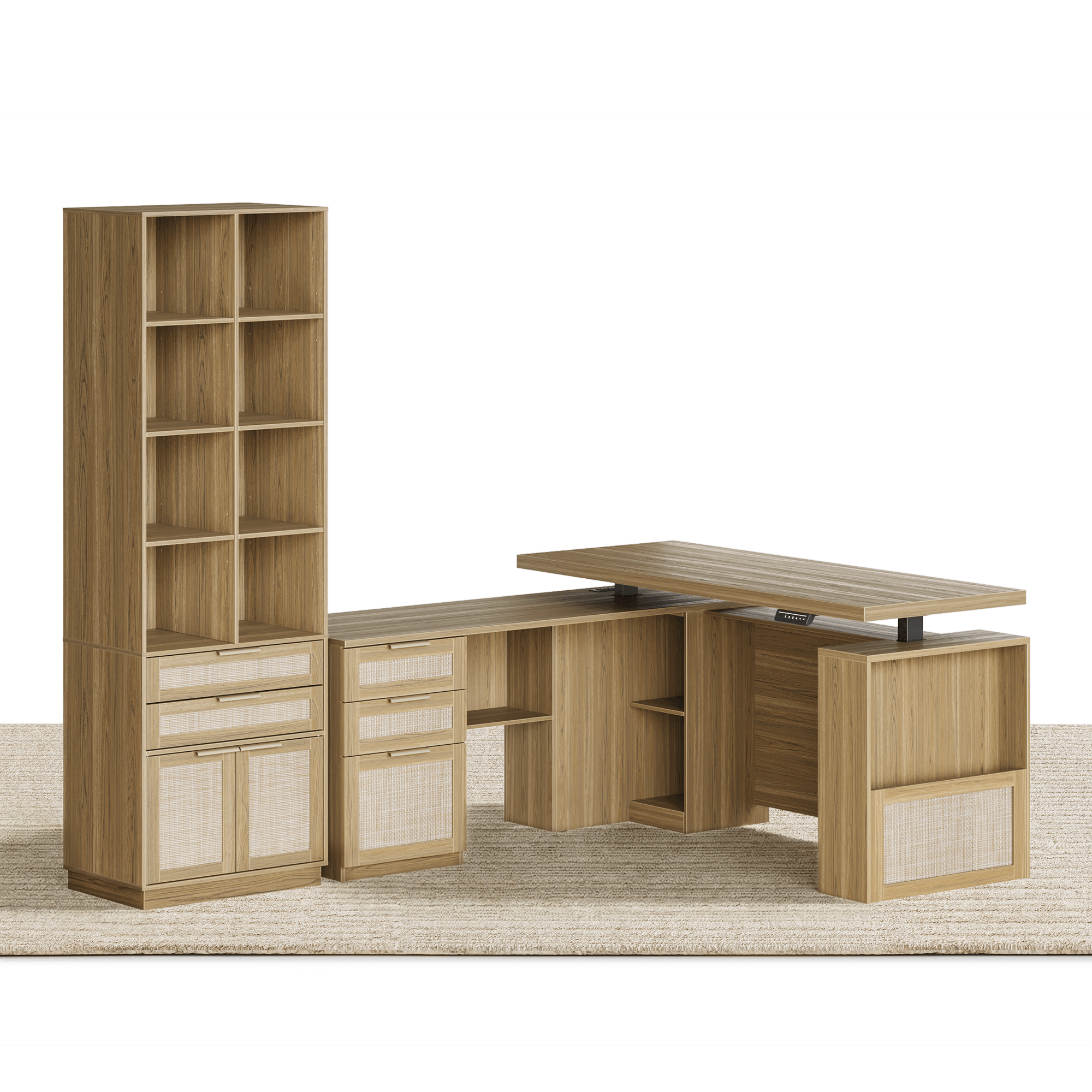 63" Desk + 73" Tall Fluted Bookshelf / Rattan - Light Walnut -