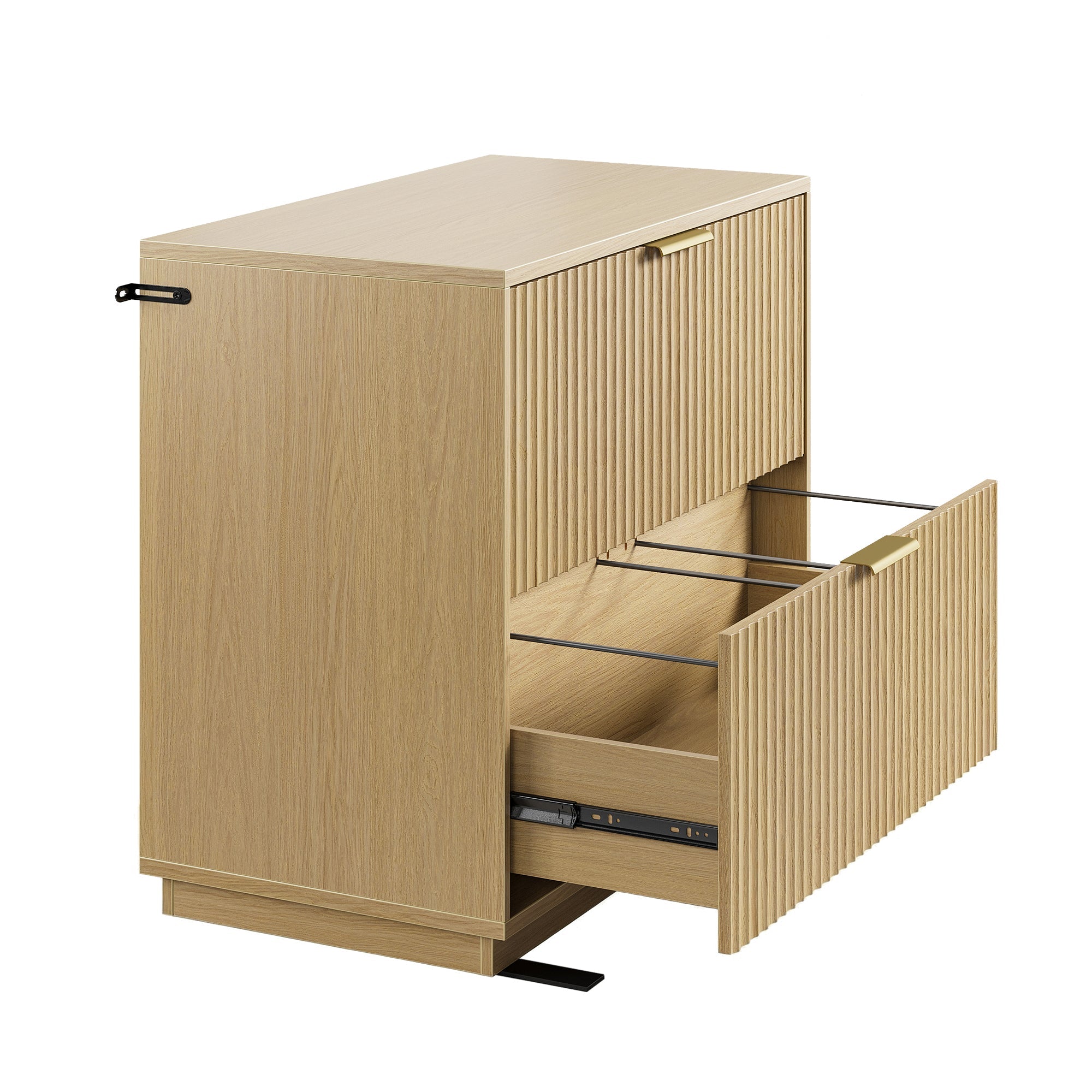 63" Desk · L - shaped + 2 - Drawer File Cabinet + 71" Corner Bookshelf / Fluted - Natural Oak -