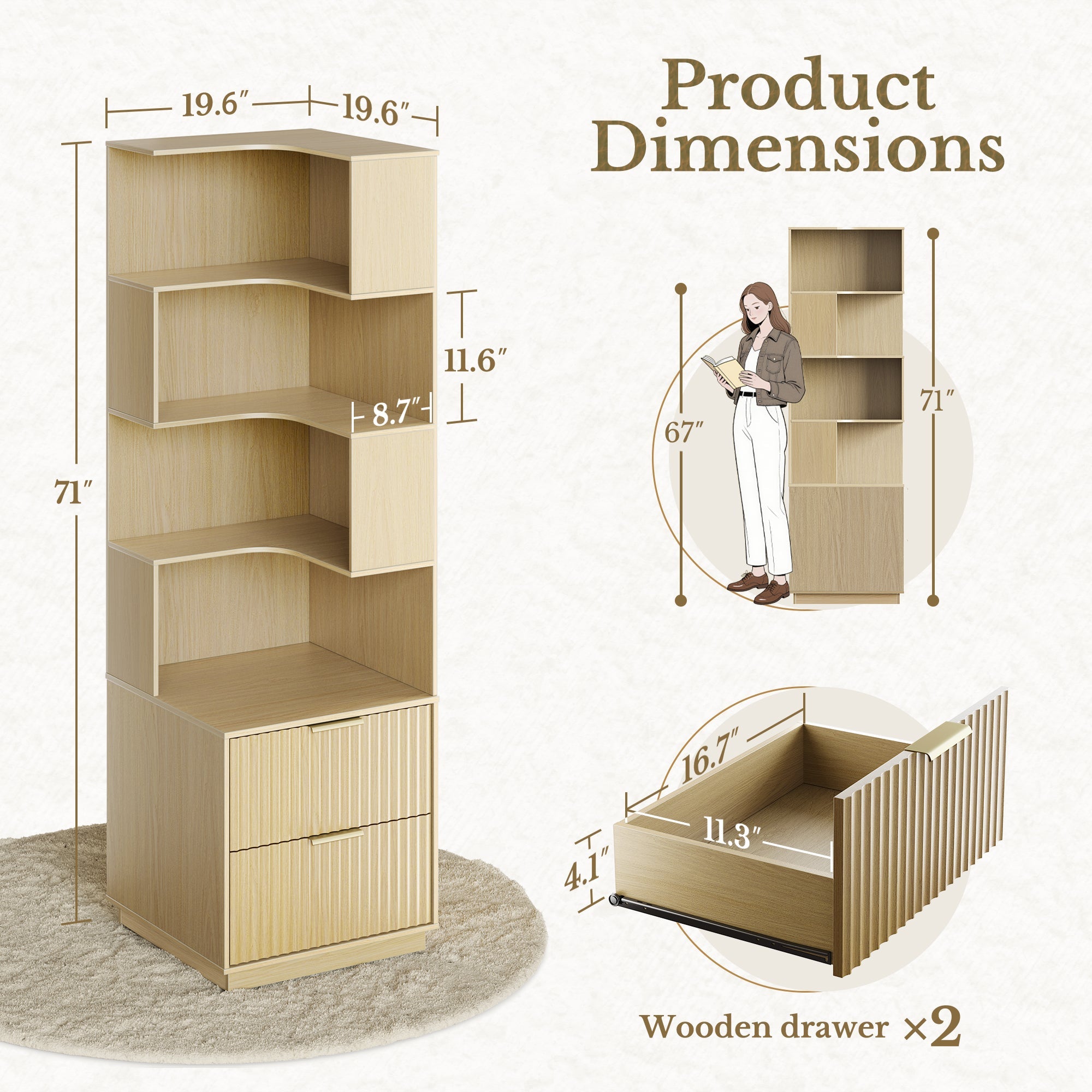 63" Desk · L - shaped + 2 - Drawer File Cabinet + 71" Corner Bookshelf / Fluted - Natural Oak -