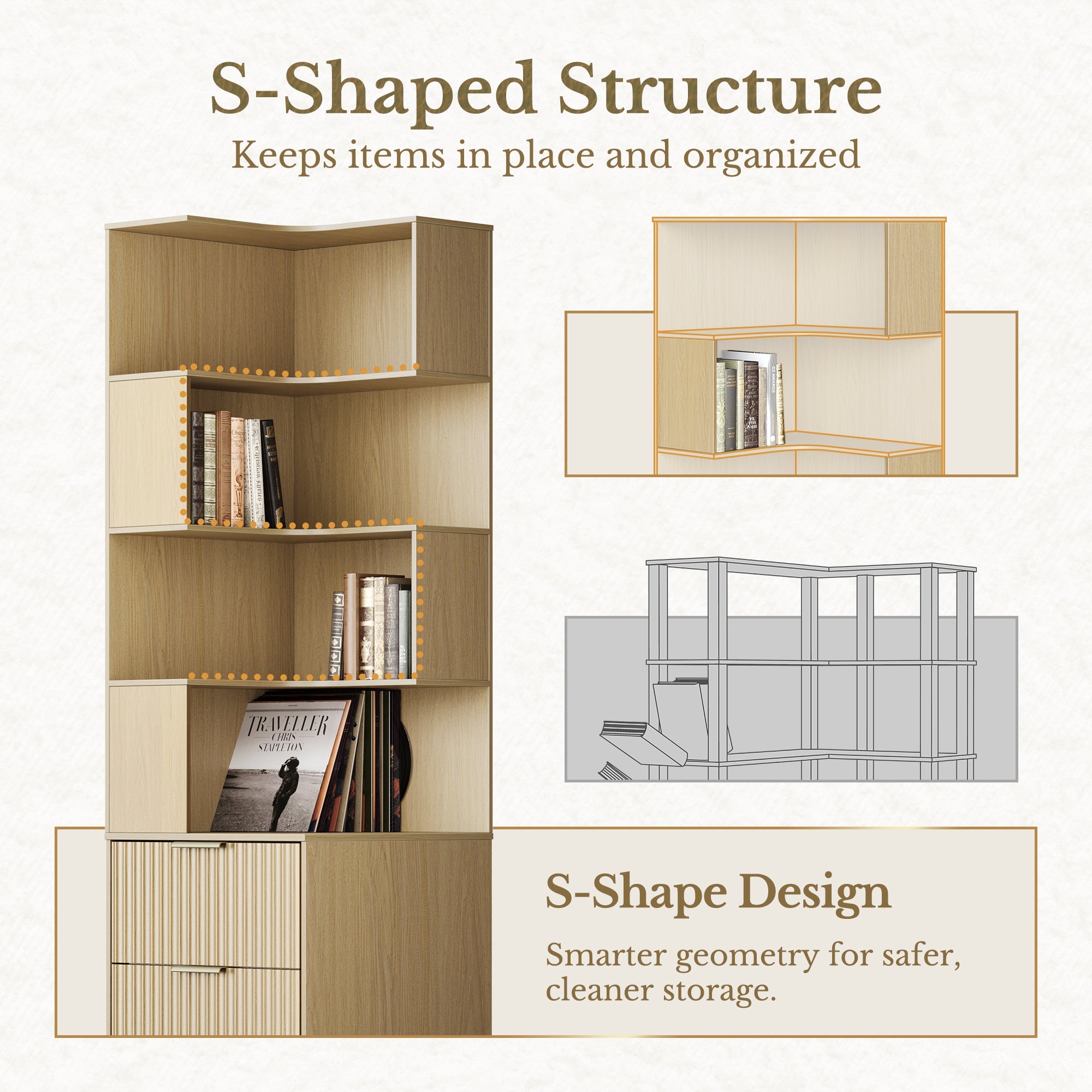 63" Desk · L - shaped + 2 - Drawer File Cabinet + 71" Corner Bookshelf / Fluted - Natural Oak -