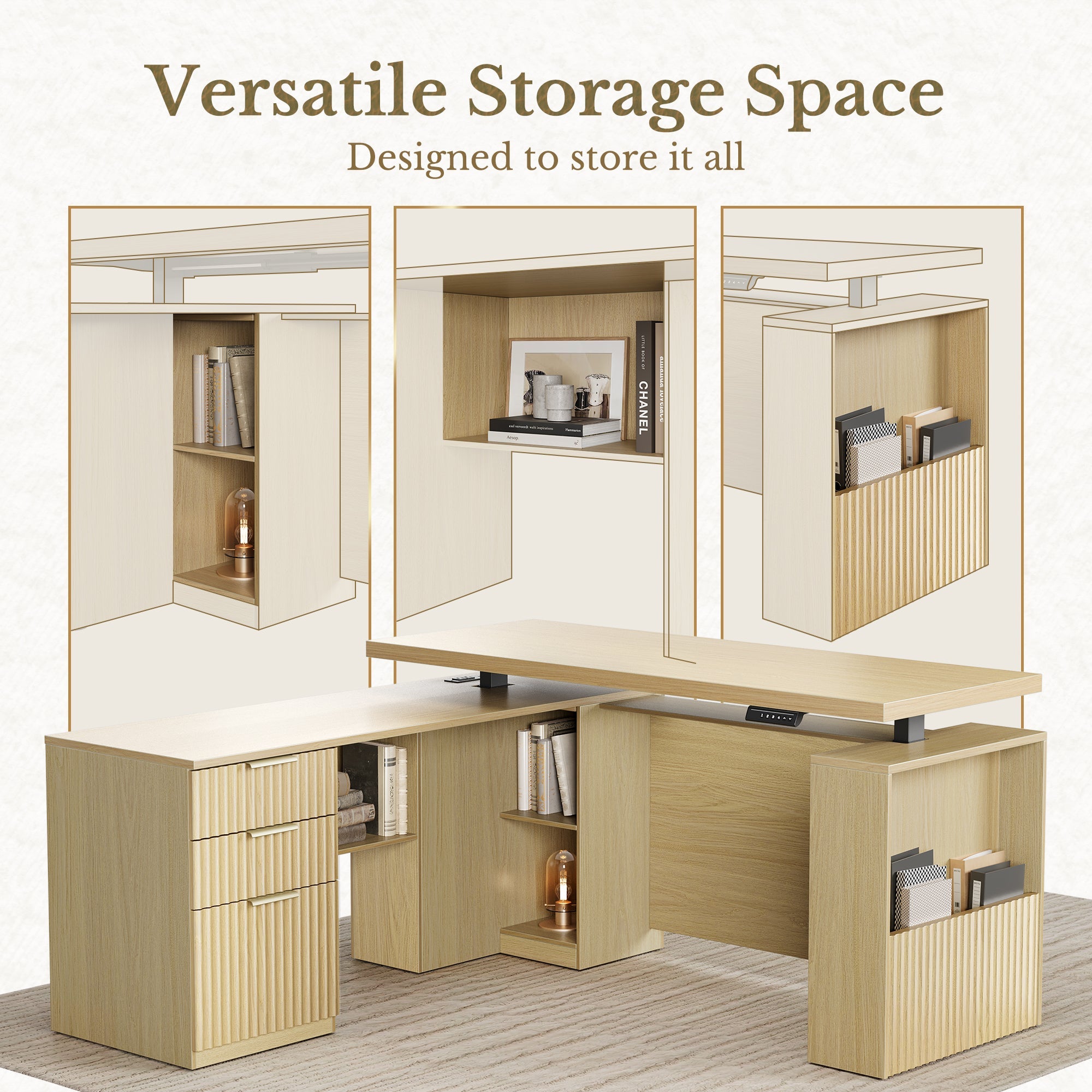 63" Desk · L - shaped + 2 - Drawer File Cabinet + 71" Corner Bookshelf / Fluted - Natural Oak -