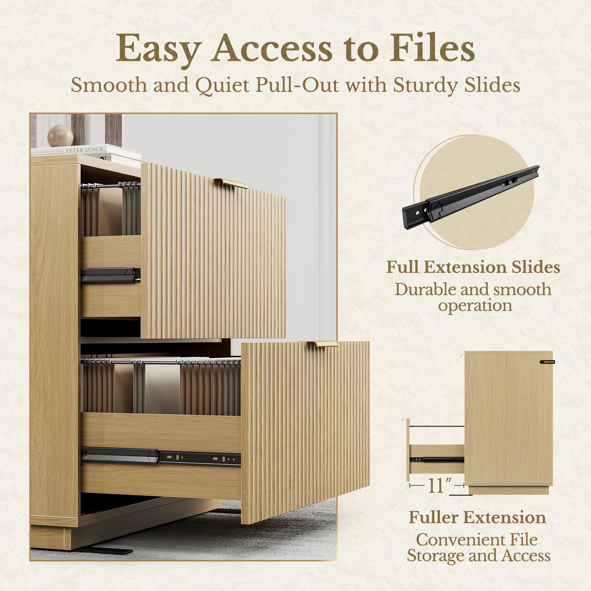 63" Desk · L - shaped + 2 - Drawer File Cabinet + 71" Corner Bookshelf / Fluted - Natural Oak -