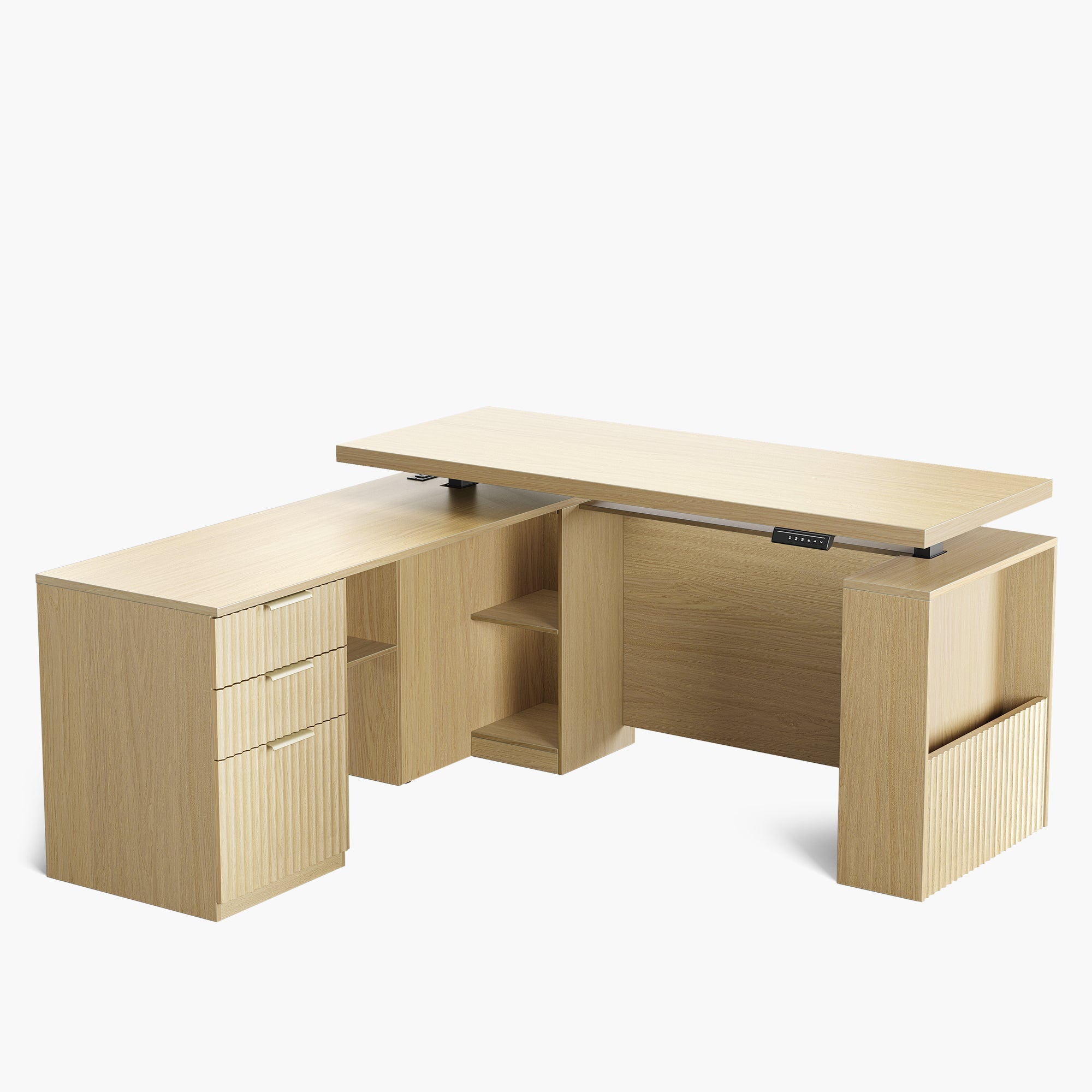 63" Desk · L - shaped + Charging Printer Cabinet / Fluted - Natural Oak -